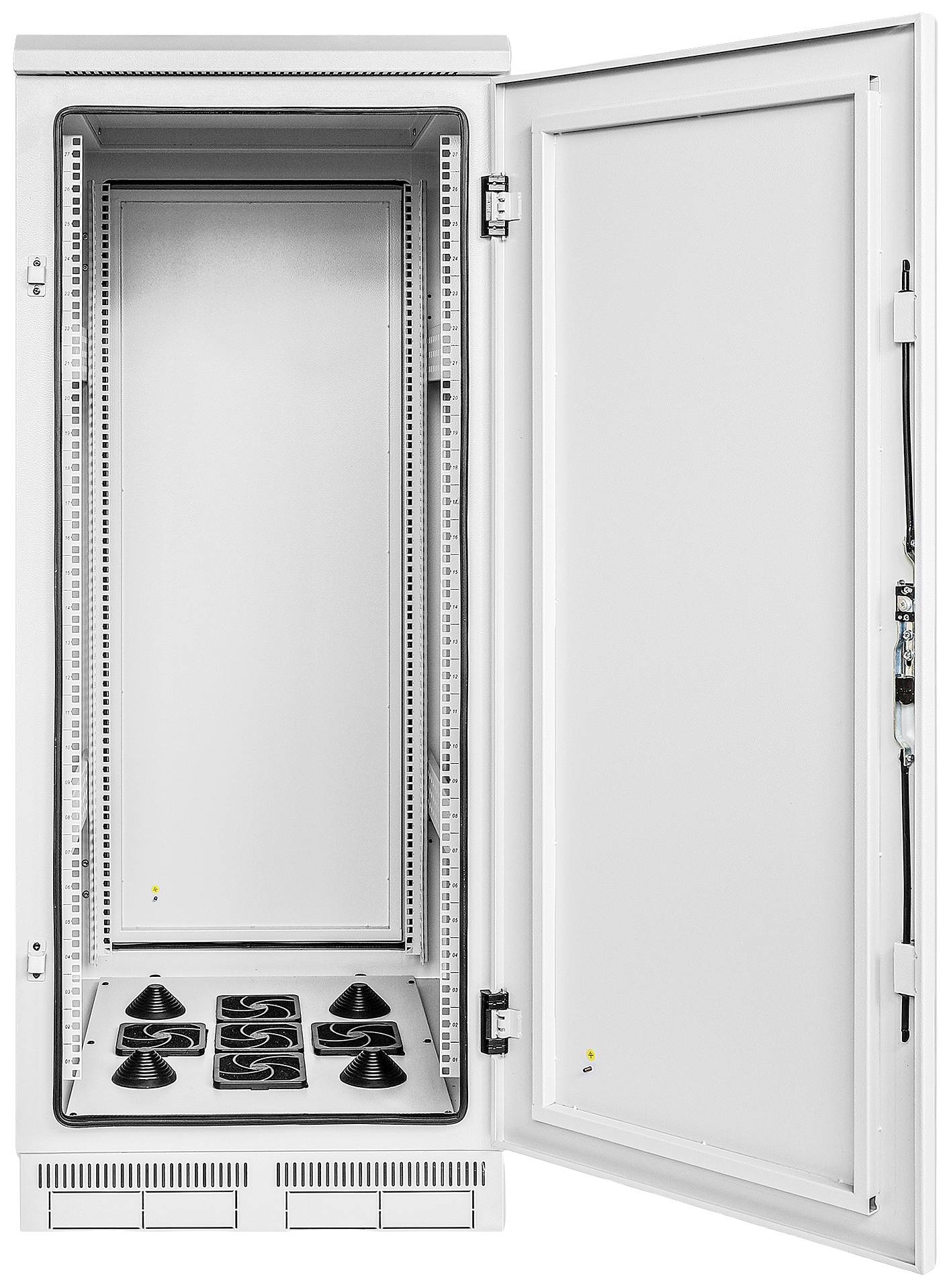 Open, lege metalen schakelkast met zichtbare ventilatiesleuven onderaan, geschikt voor elektronische apparaatinstallatie in binnenruimten.