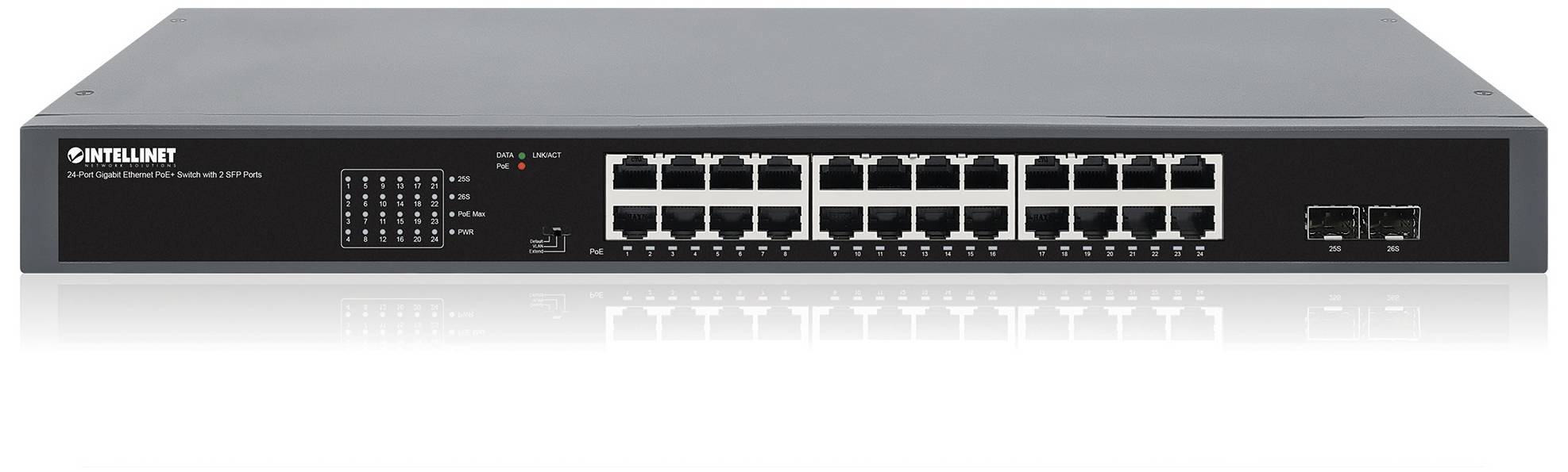 'Intellinet 24-Poorts Gigabit Ethernet PoE+ Switch' met 24 LAN-poorten en 2 extra aansluitingen, geschikt voor netwerkinfrastructuur.