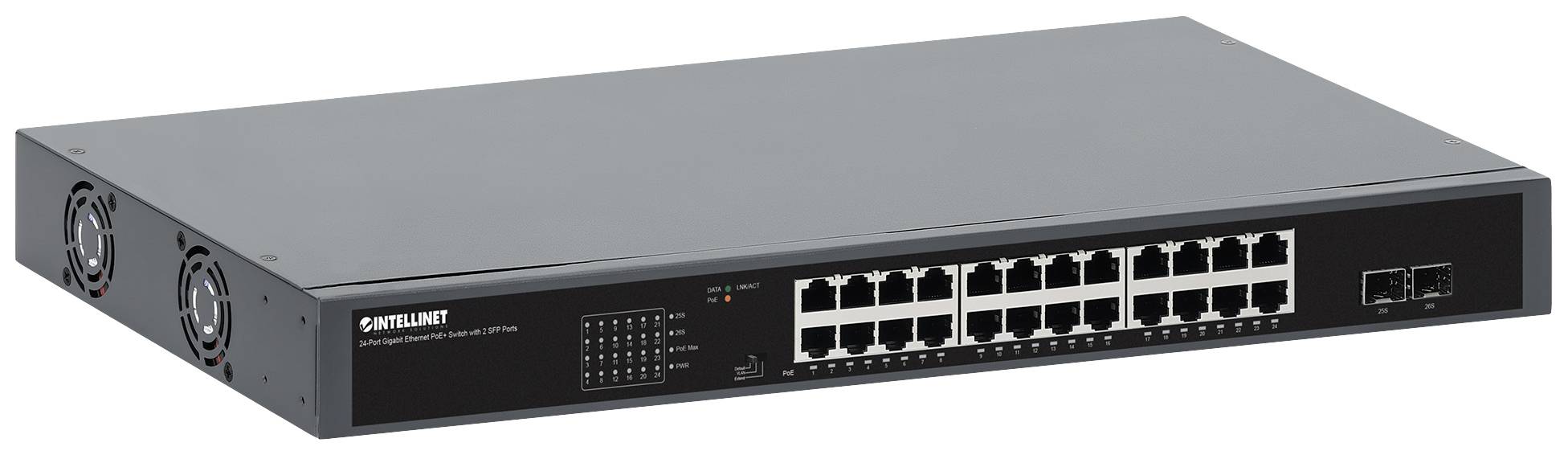 Ethernet-switch met 24 RJ45-poorten en twee SFP-poorten, geschikt voor netwerkverbindingen in bedrijfsomgevingen.