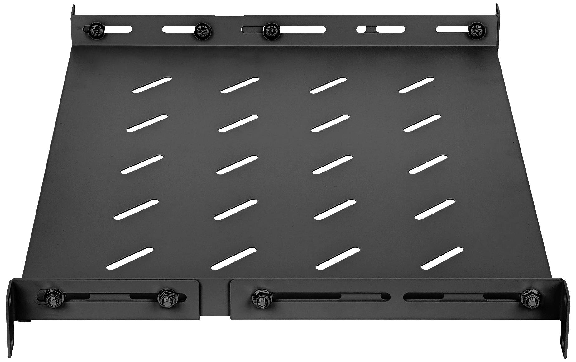 Een zwart metalen rek met schuine ventilatiesleuven en meerdere bevestigingsschroeven, geschikt voor montage in een frame.