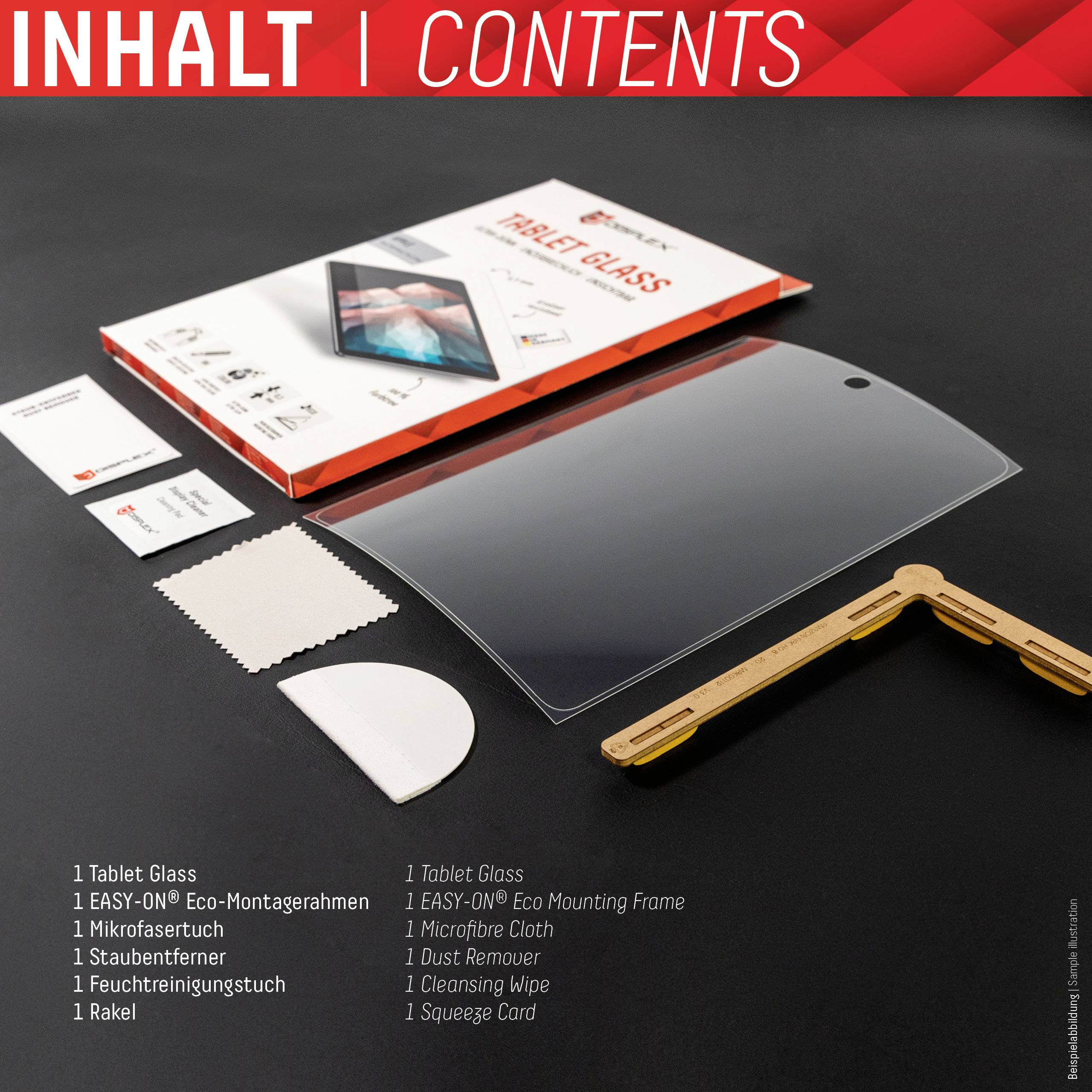 Inhoud van de verpakking: 1 tabletglas, 1 EASY-ON Eco-montageframe, 1 microveeldoek, 1 stofverwijderaar, 1 vochtige reinigingsdoek, 1 schraper.