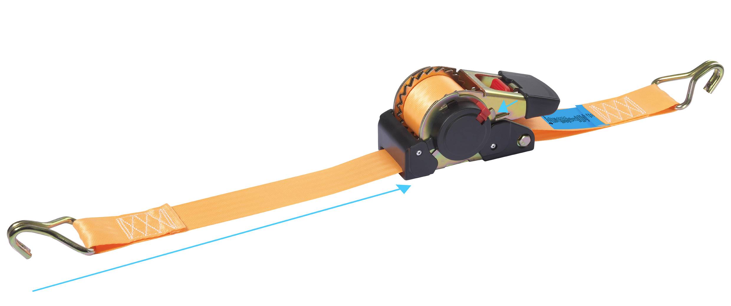 Spanband met oranje band en metalen haken aan beide uiteinden. Wordt gebruikt voor het vastzetten van vracht.