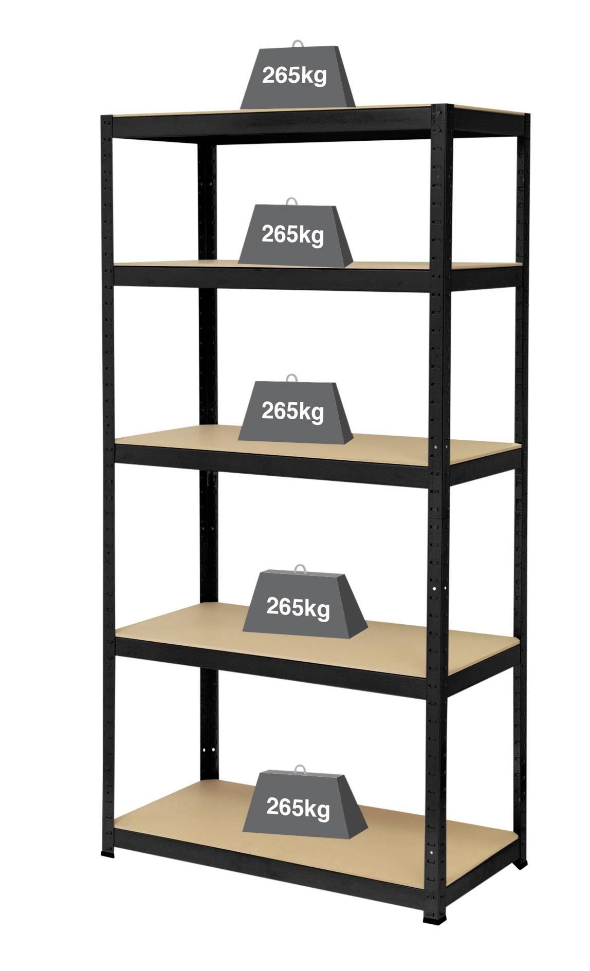 Een vrijstaand zwaar magazijnrek met vijf houten planken. Elke plank heeft een gewicht van '265 kg', wat de draagcapaciteit aangeeft.