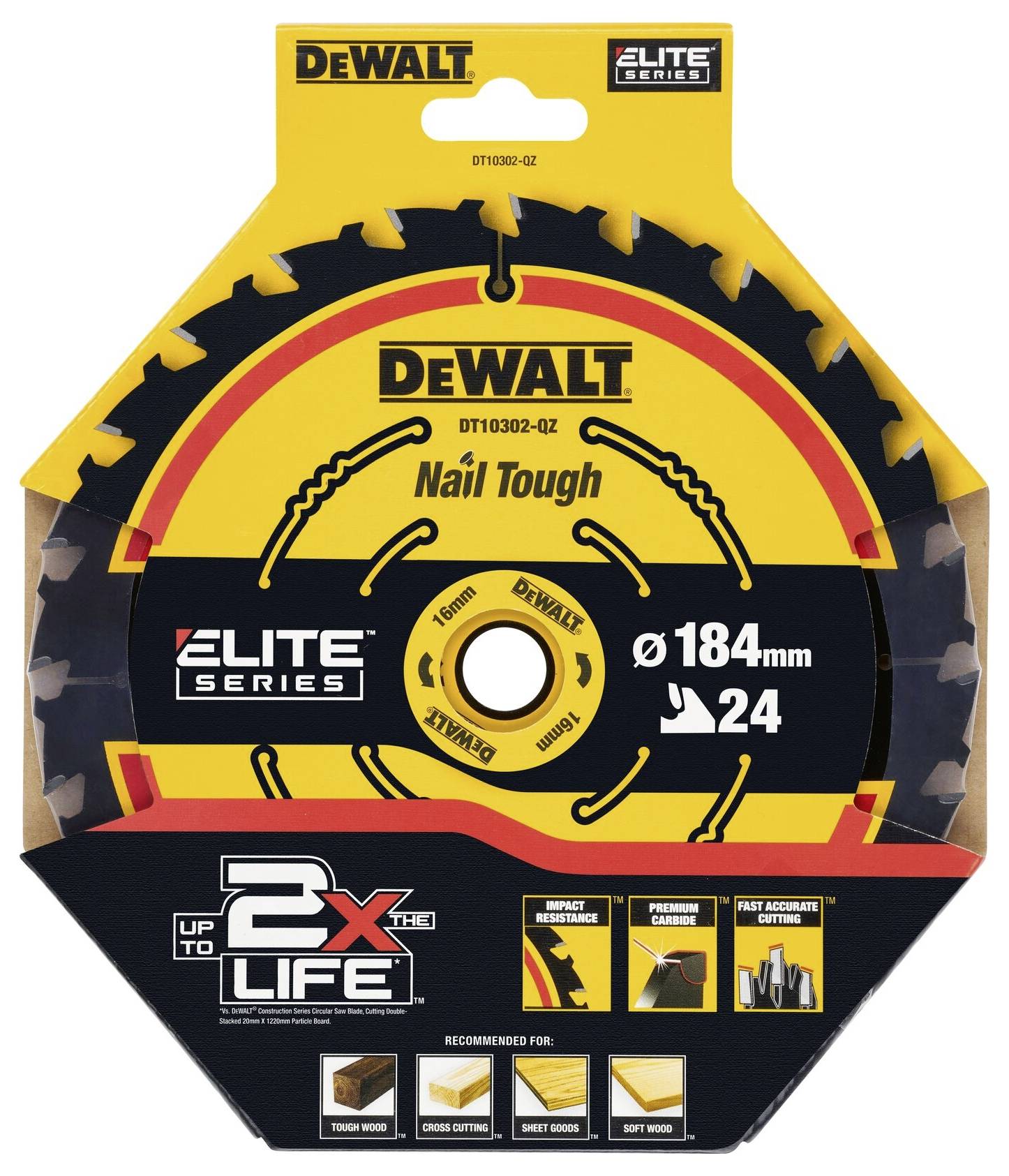 DeWalt cirkelzaagblad, Elite Series, 184 mm diameter, 24 tanden, geschikt voor hout, laminaat en spaanplaat.
