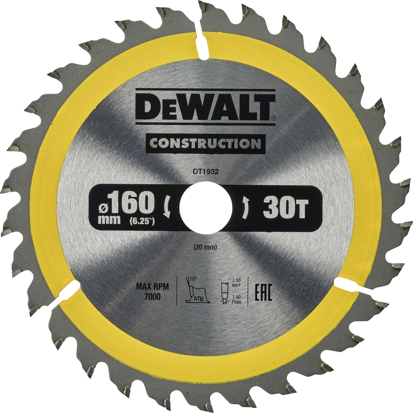 DeWALT cirkelzaagblad, 160 mm diameter, 30 tanden, geschikt voor hout- en bouwwerkzaamheden. Gemarkeerd voor maximaal toerental van 7000 RPM.
