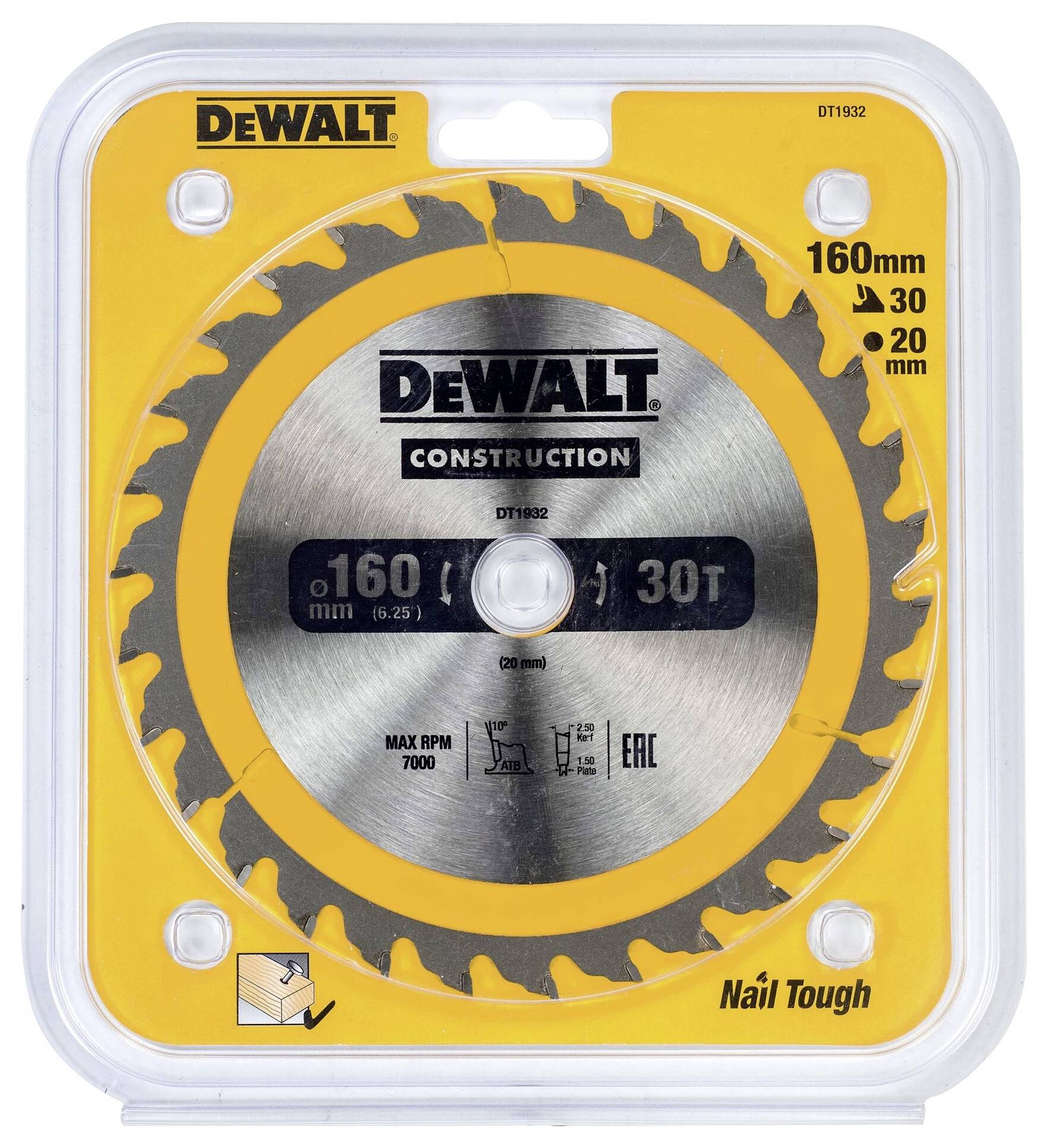 DeWALT zaagblad, 160 mm diameter, 30 tanden, 20 mm boring, geschikt voor houtbouw, in gele verpakking.