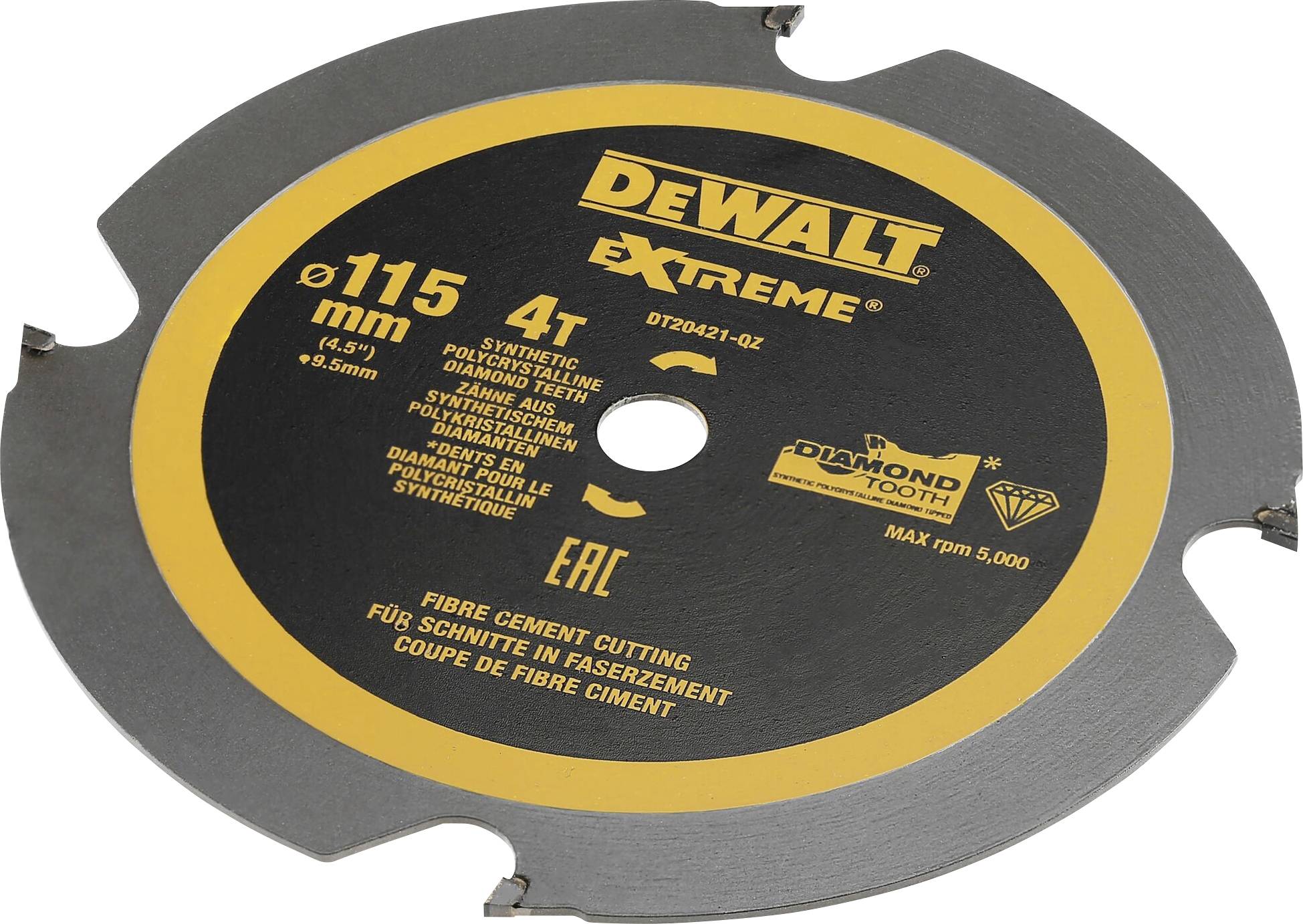 Dewalt cirkelzaagblad, 115 mm diameter, speciaal voor vezelcement, met 4 tanden en diamantachtige coating.