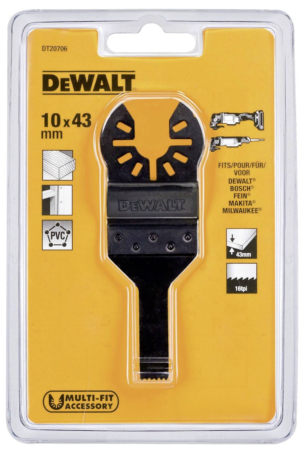 Packaging of a DeWalt saw blade, compatible with multiple brands. Suitable for PVC, wood, and metal. Dimensions: 10 x 43 mm, 18 teeth per inch.