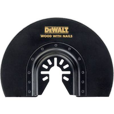 Zwart DeWalt-zaagblad voor hout met nagels, halfcirkelvormig, met tanden aan de rechte kant voor oscillerende gereedschappen.