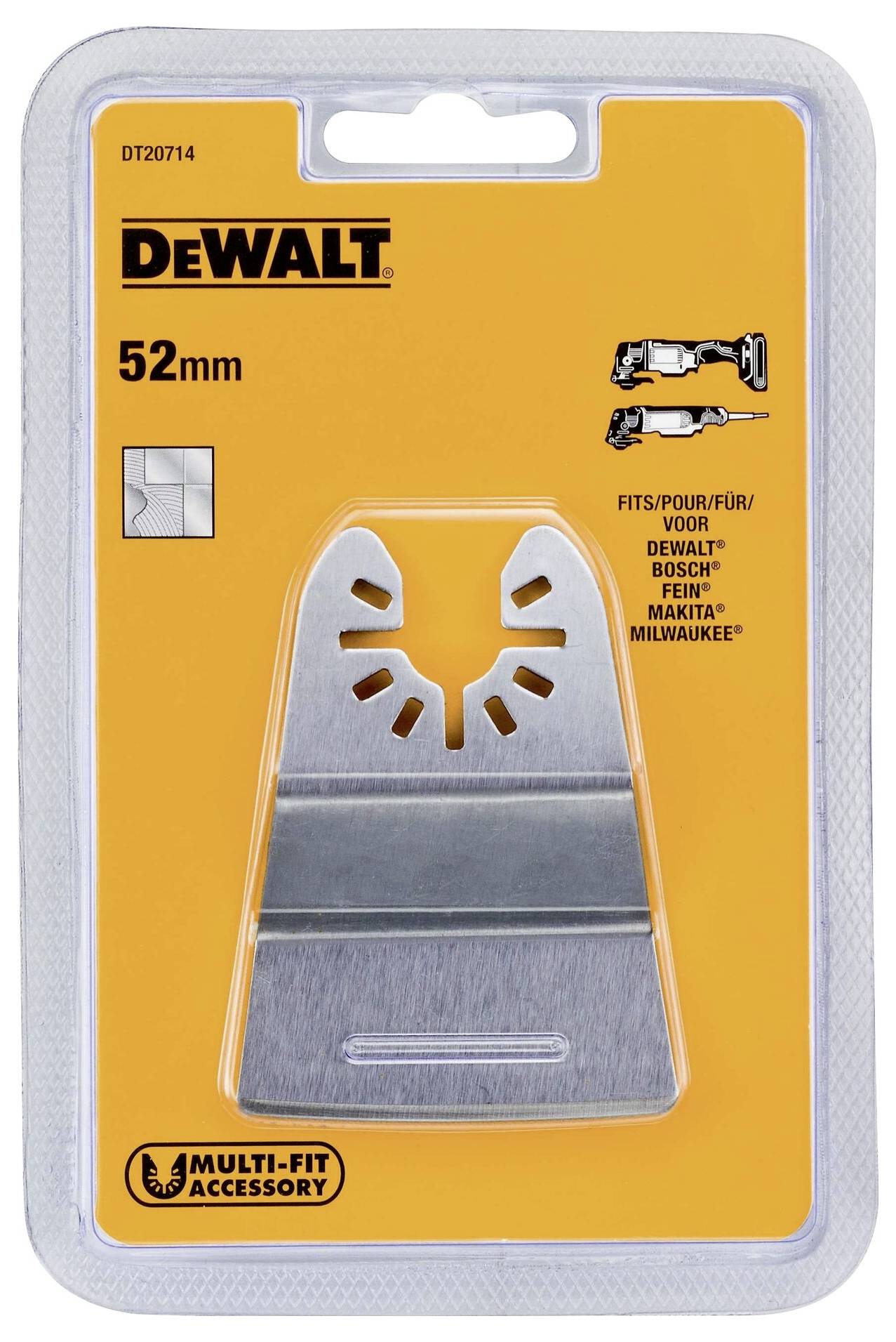 Verpakking van een 52 mm Dewalt zaagblad, compatibel met Dewalt, Bosch, Fein, Makita en Milwaukee. Geschikt voor oscillerende gereedschappen.