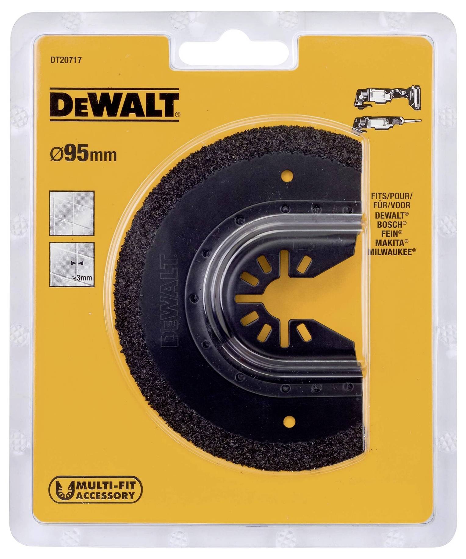 'DeWalt accessoire, Multi-Fit cirkelzaagblad, Ø 95 mm. Geschikt voor DeWalt, Bosch, Fein, Makita, Milwaukee. Artikelnummer DT20717.'
