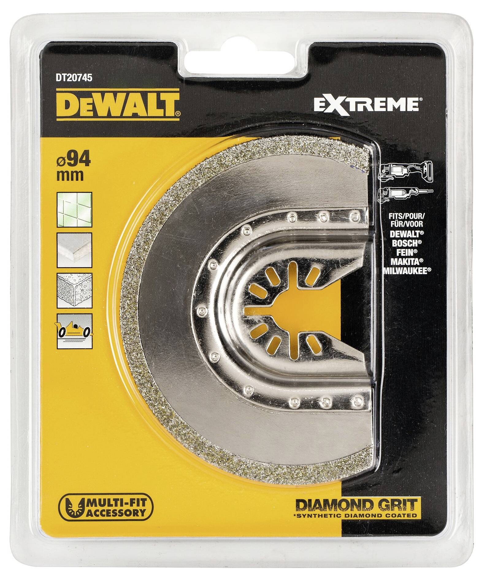 'DEWALT DT20745 Extreme' zaagblad in verpakking, diameter 94 mm, geschikt voor verschillende gereedschappen, diamantgecoat.