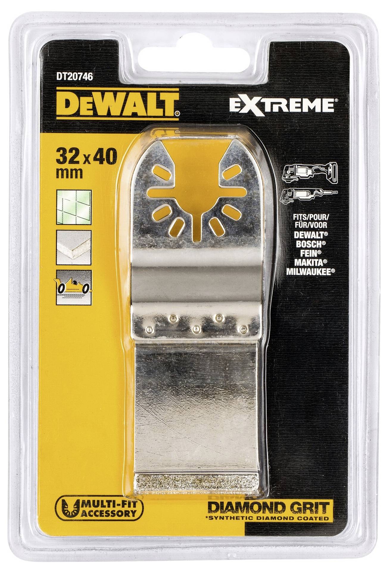'Zaagblad voor multitool, Dewalt Extreme, 32x40 mm, geschikt voor verschillende merken, op gele verpakking met logo's.'