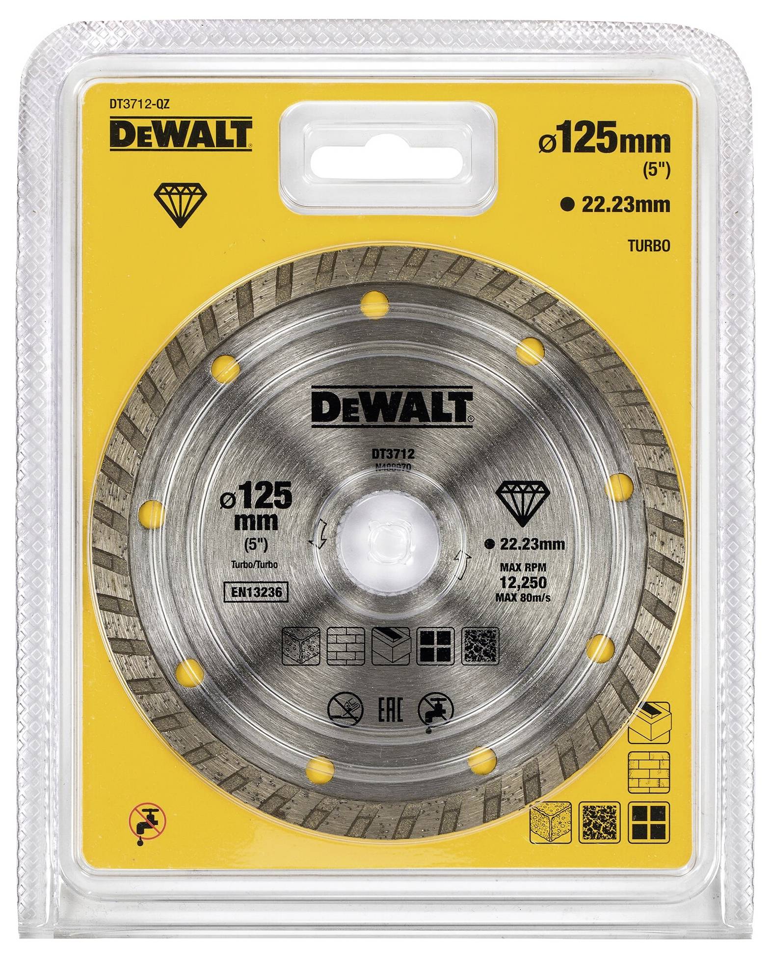 Verpakte DeWalt Diamant-Doorslijpschijf, maat 125mm, Turbo-ontwerp. Bevat technische specificaties en gebruikssymbolen.
