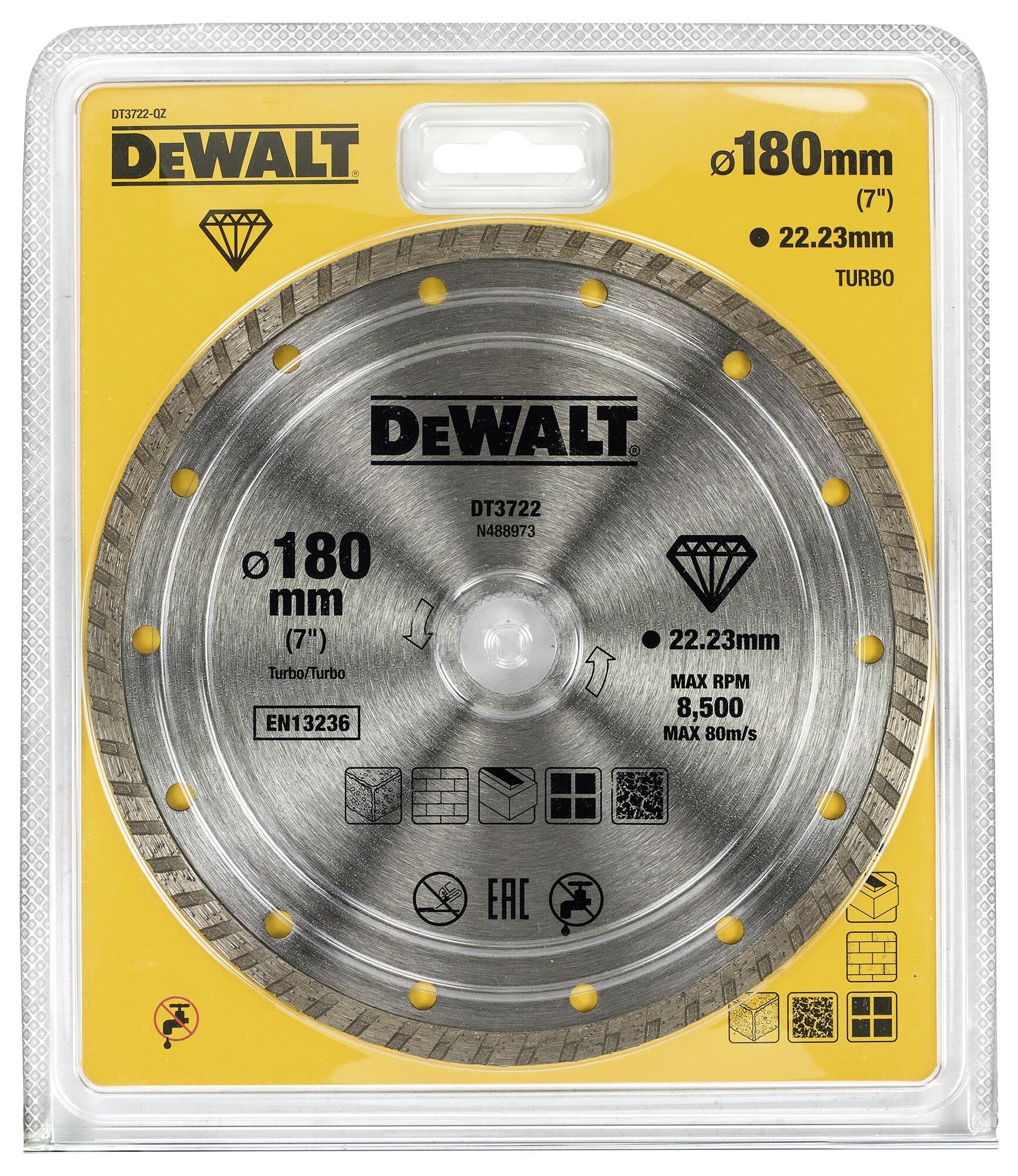 Een Dewalt doorslijpschijf in een verpakking, geschikt voor 180 mm diameter, met een 22,23 mm gat en max. 8.500 tpm.