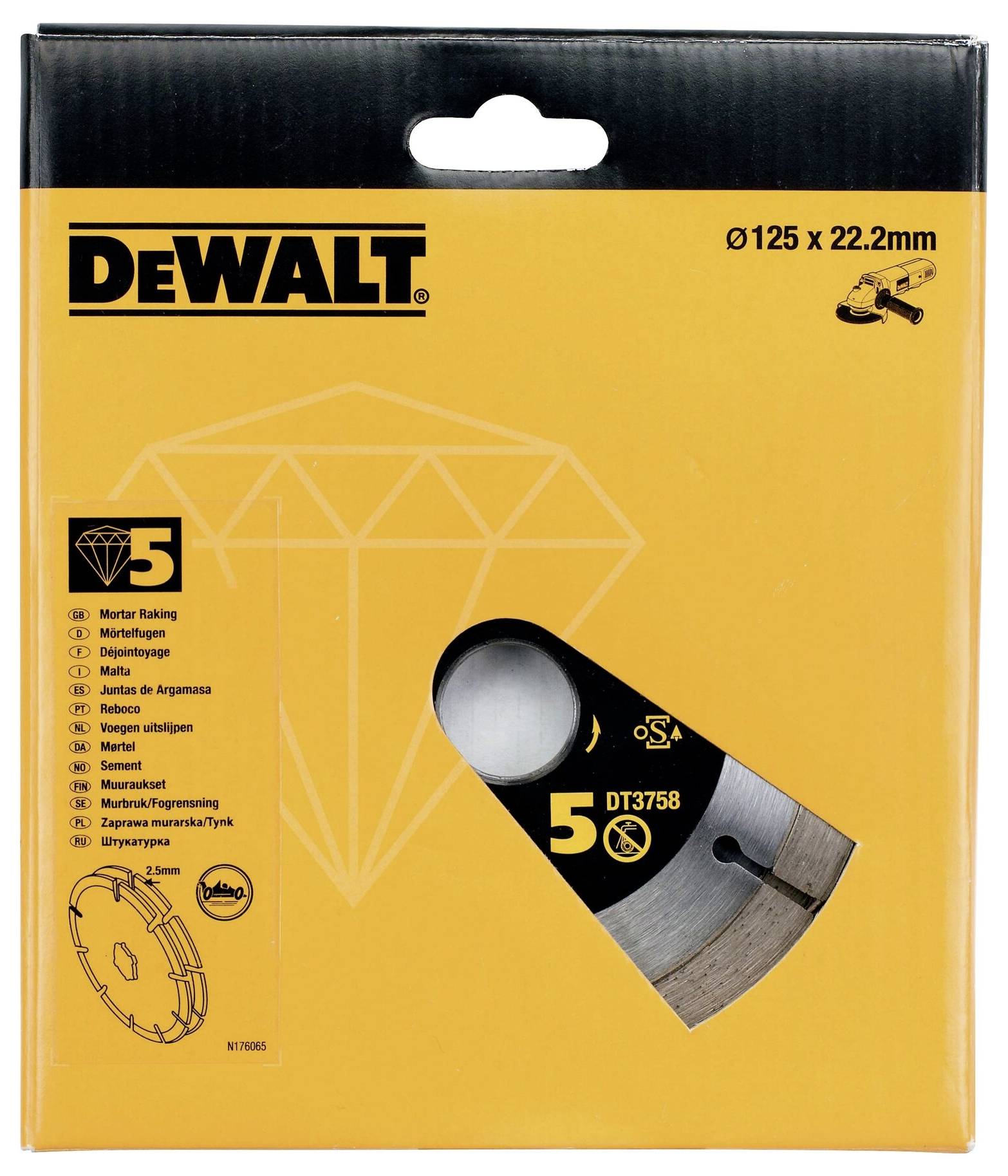 Packaging of a DeWalt diamond saw blade, Ø125 x 22.2 mm, Model DT3758, with 5 application possibilities.