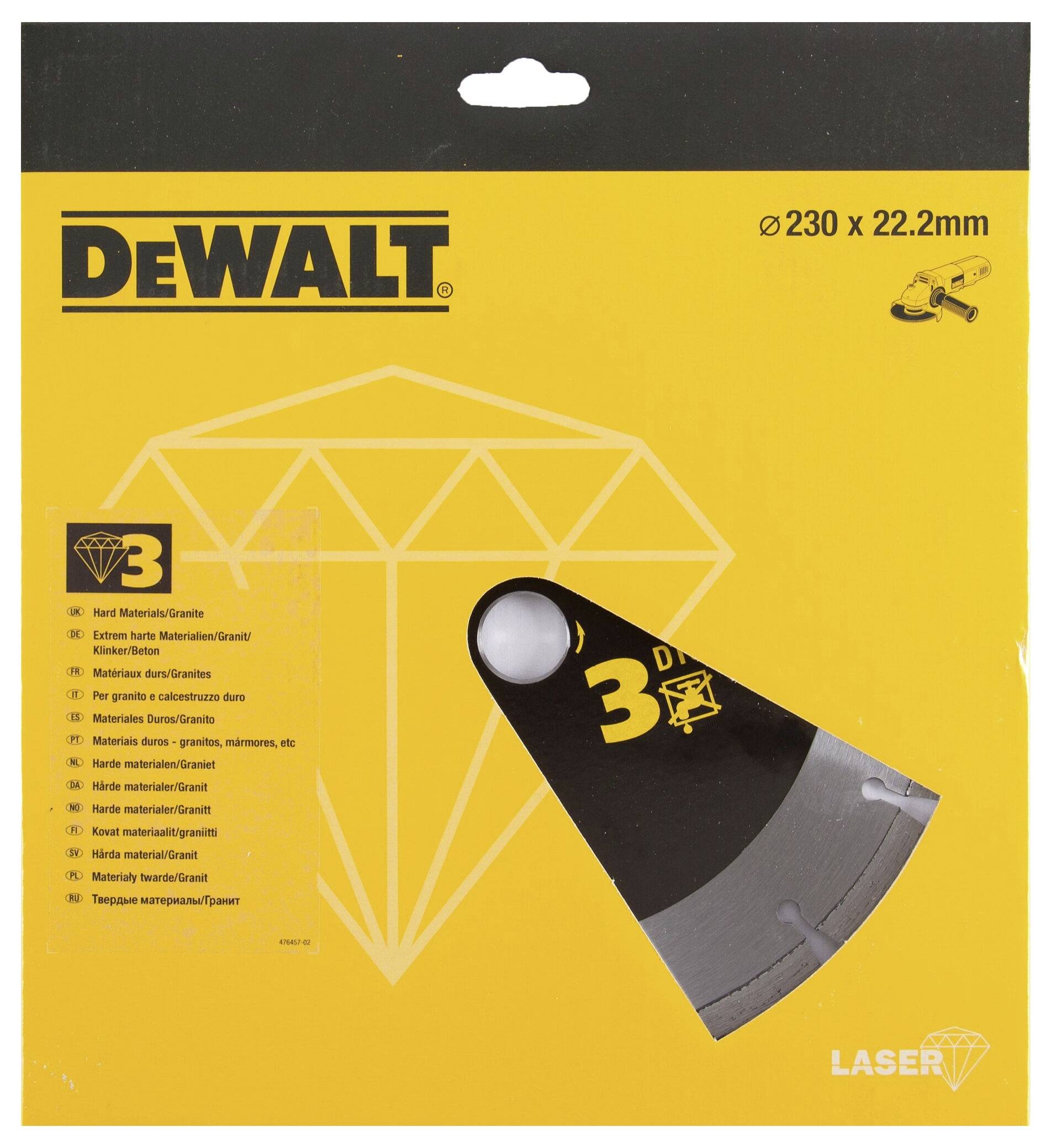 Verpakking van een DeWalt diamantschijf, geschikt voor 230 mm haakse slijper. Bevat specificaties en een afbeelding van de schijf.