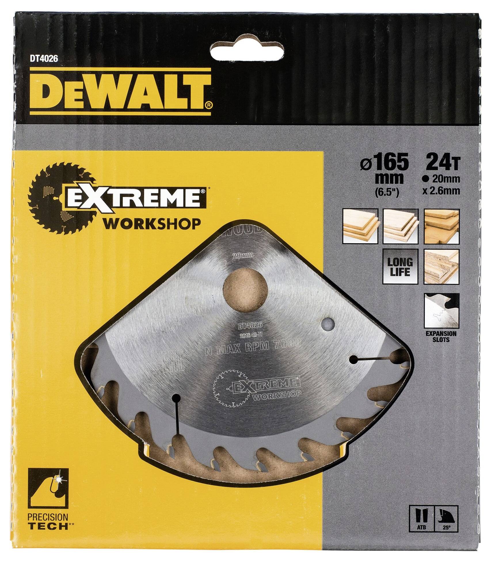 DeWalt zaagbladverpakking: 'Extreme Workshop', Ø165mm, 24 tanden. Benadrukt duurzaamheid en nauwkeurig zagen van hout.