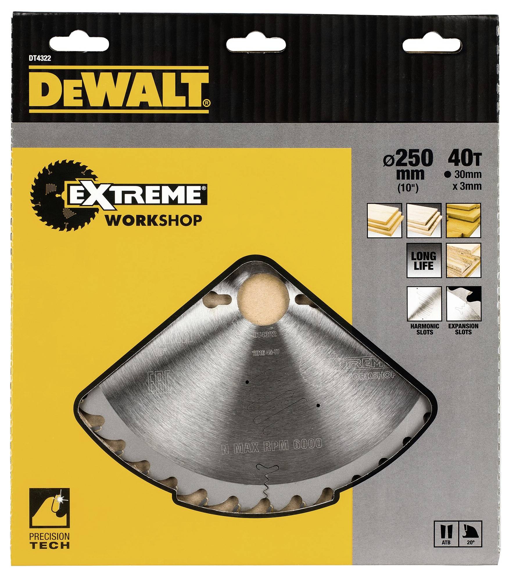 'DEWALT Extreme Workshop' zaagblad, diameter 250 mm, 40 tanden. Verpakking toont toepassingstips en kenmerken zoals duurzaamheid.