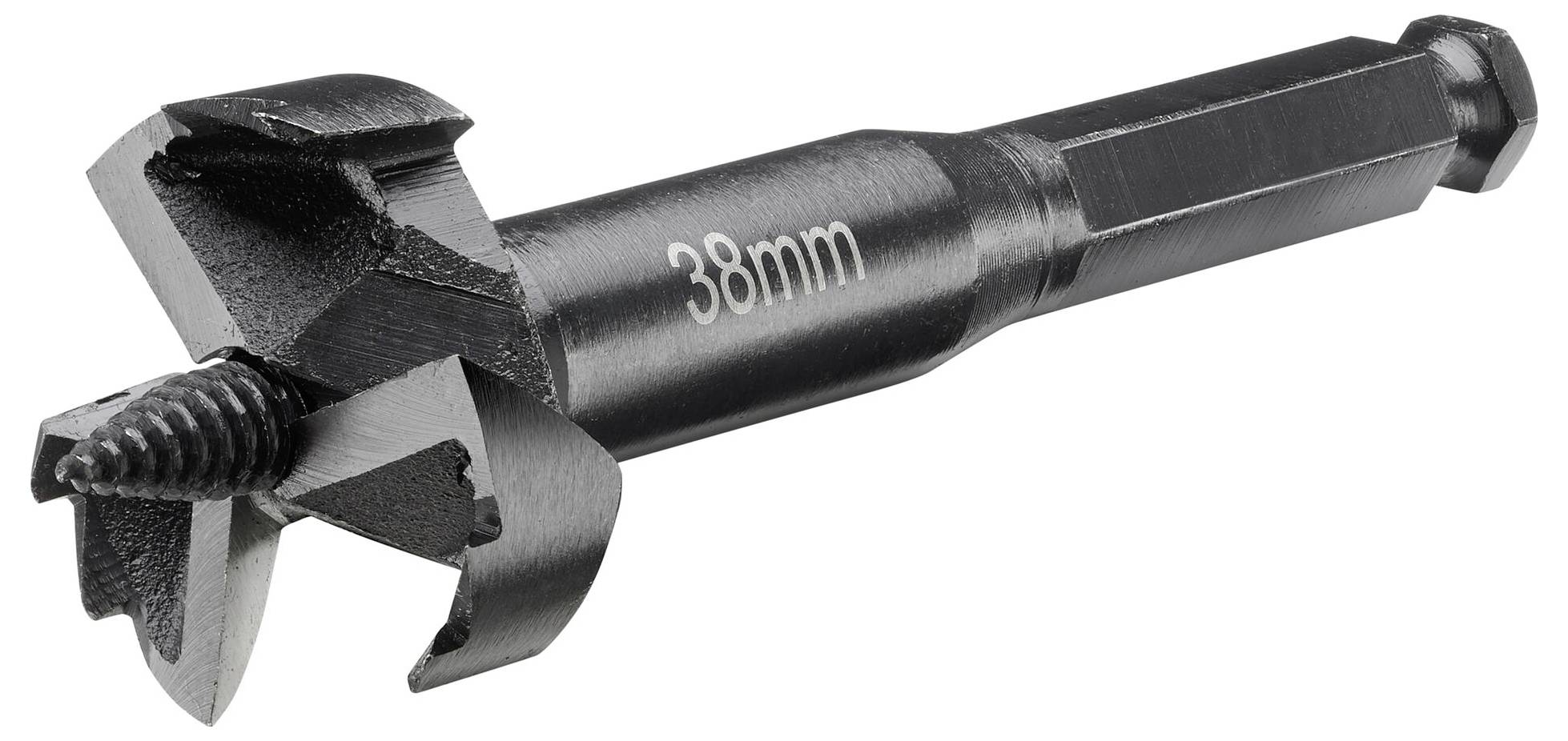 Een zwarte Forstner-boor met zeskante schacht en een gegraveerde aanduiding '38mm'.