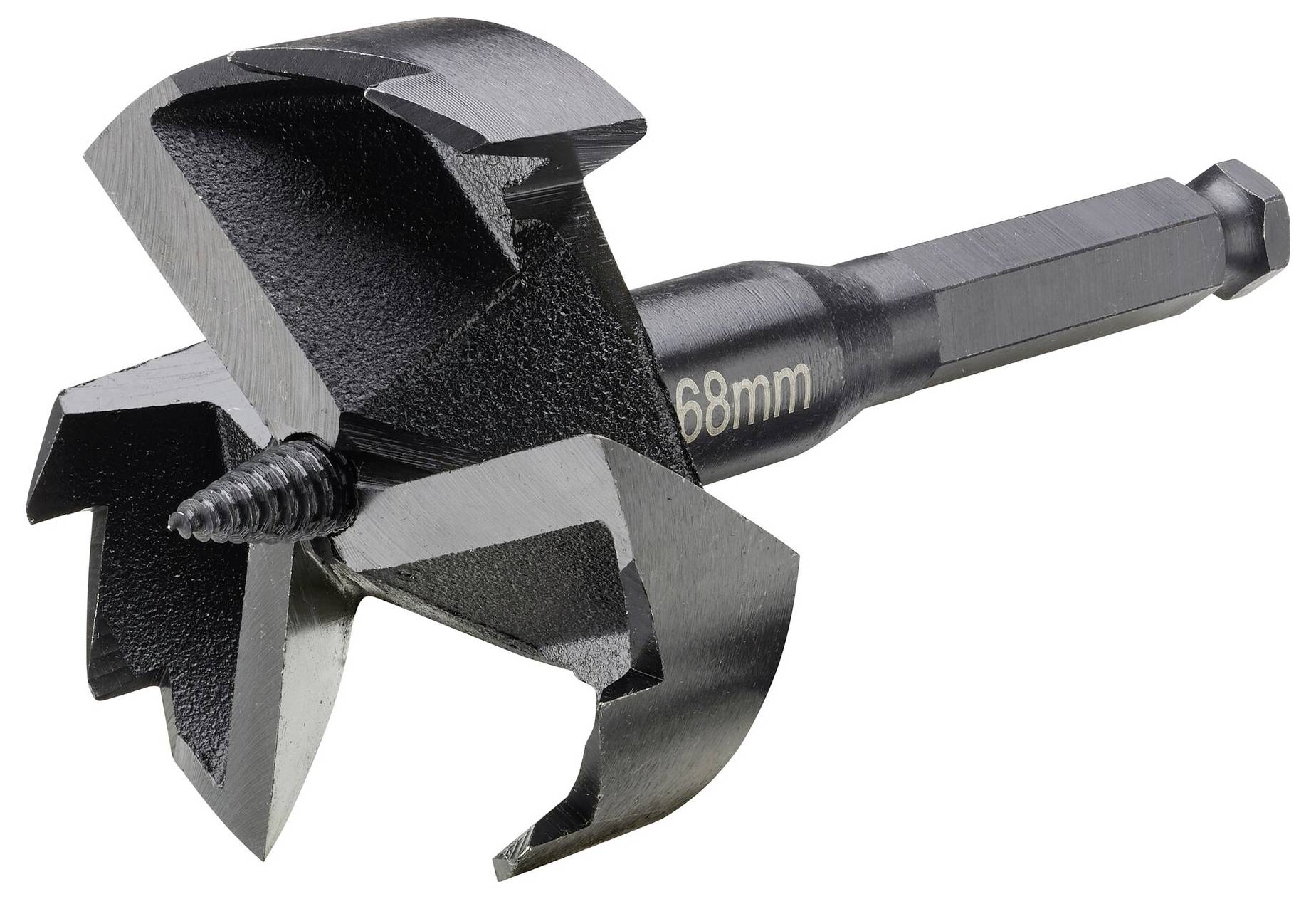 Een Forstner-boor met zestig millimeter diameter, zwart, met een centraal geleidend tand en scherpe randen voor nauwkeurige boringen.