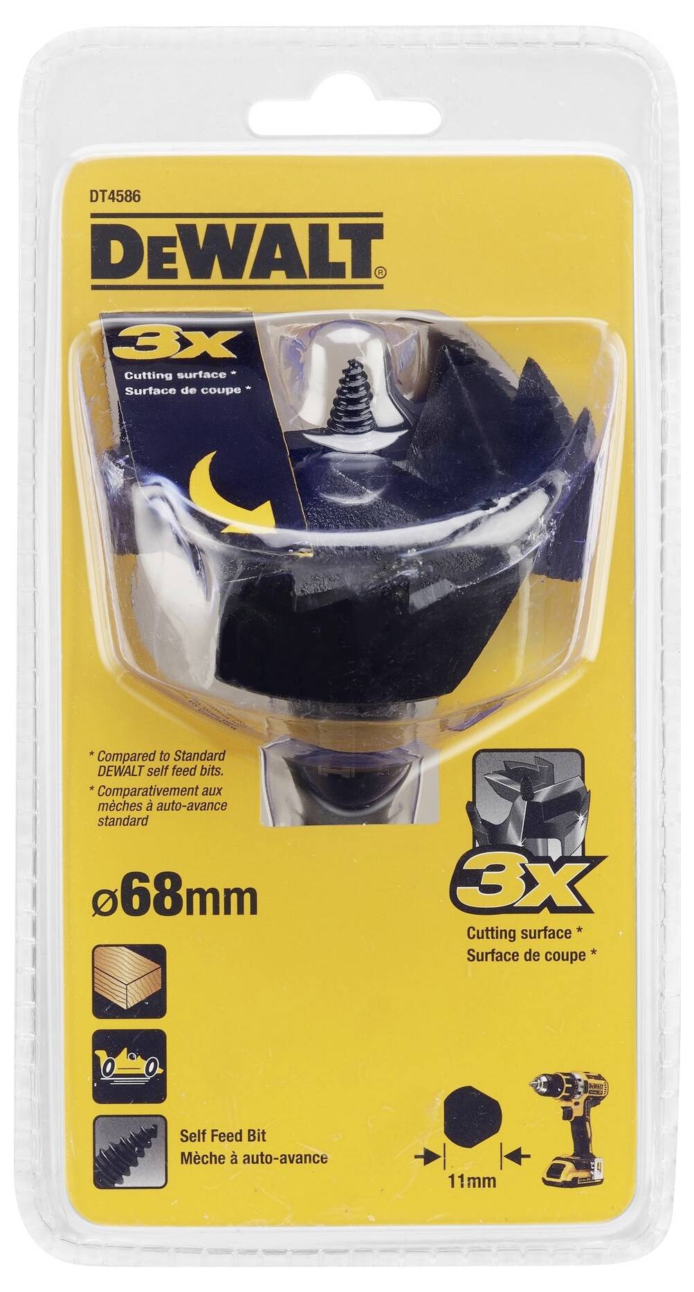 Verpakking van een DEWALT boor met Ø 68mm, geschikt voor verschillende oppervlakken, met 3-voudige snijwerking en zelfgeleidende bit.