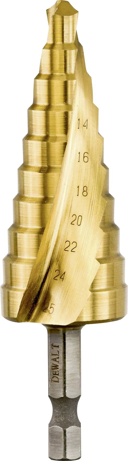 Trapsgewijze boor met meerdere snijkanten, geschaald van 4 tot 14 mm.