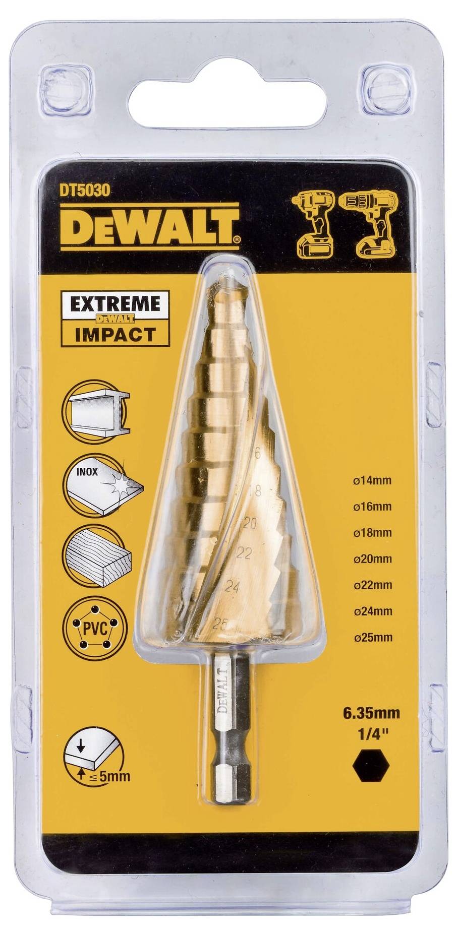 'DEWALT Extreme Impact' trapsgewijze boor in verpakking. Geschikt voor staal, inox, PVC. Maten: 4-25mm, 6.35mm schacht. Merk linksboven.