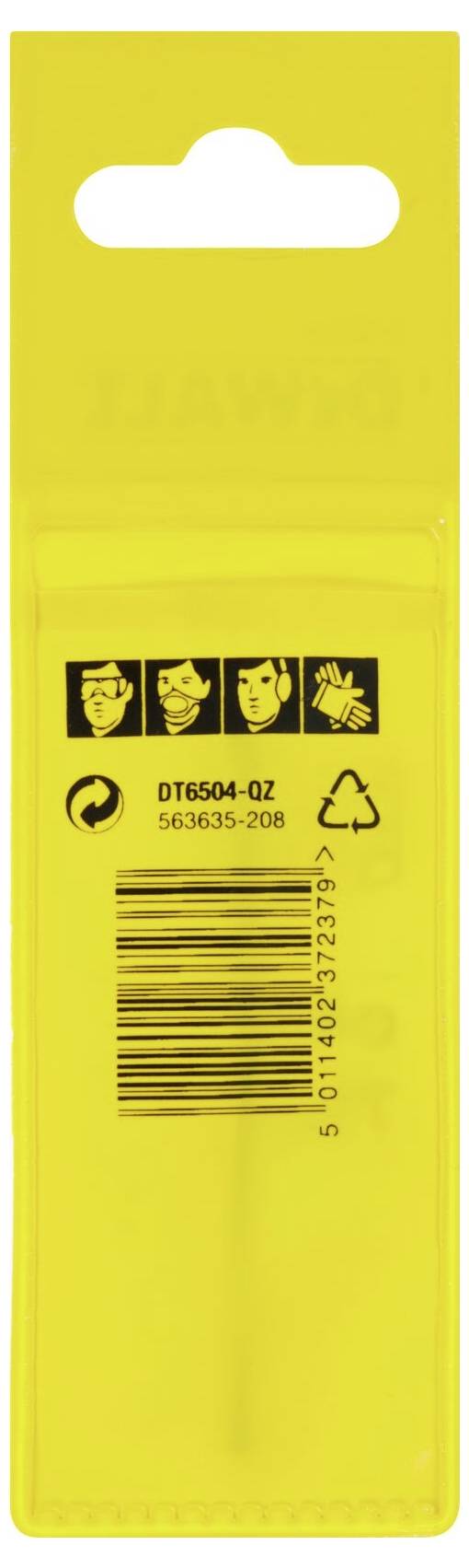 Gele verpakking met instructies, afbeeldingen van veiligheidsbril en handschoenen, streepjescode en recycling-symbool.