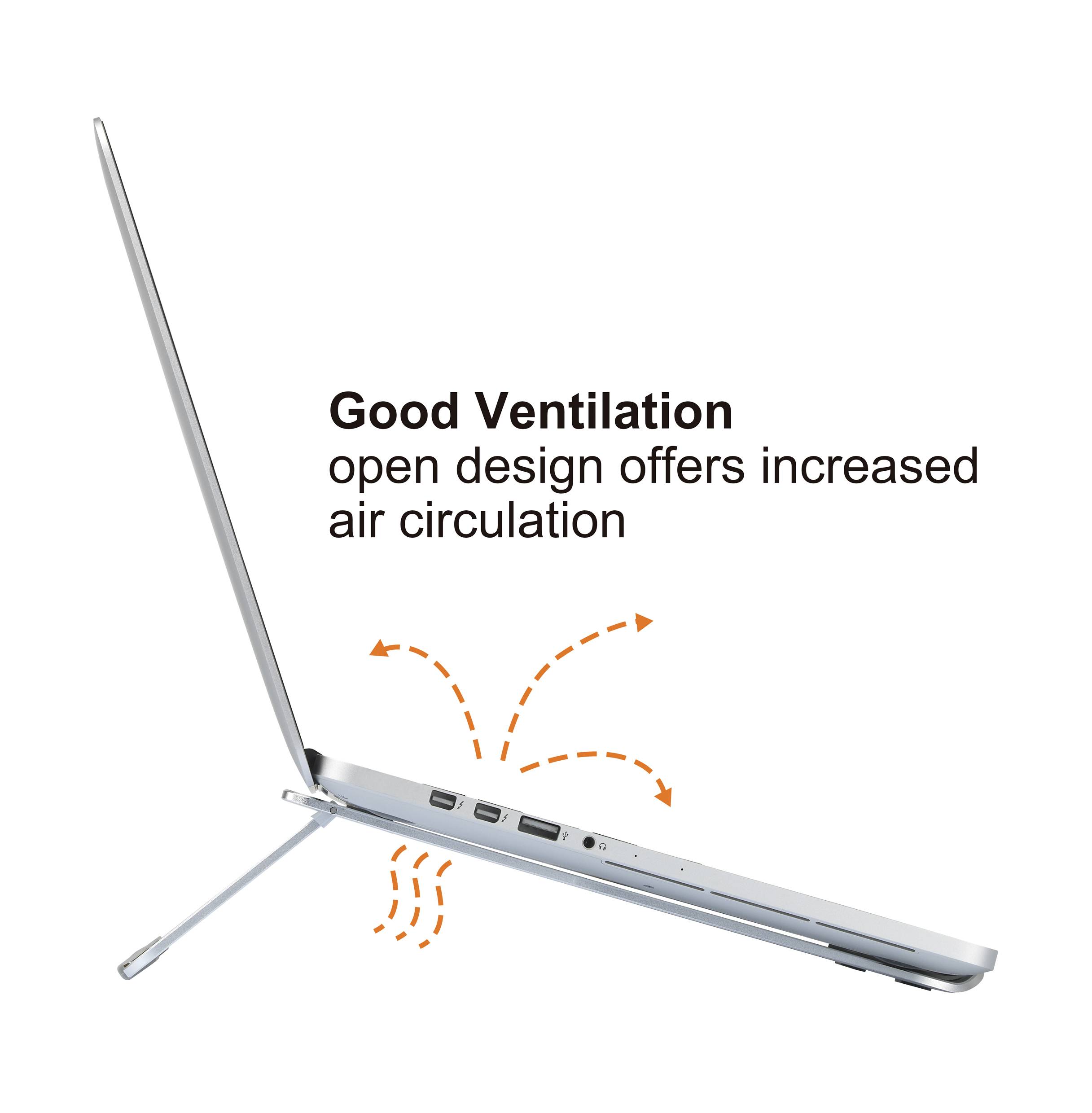 Een laptop met een licht opgetilde deksel toont ventilatieaanwijzende pijlen. Tekst luidt: 'Goede ventilatie - open ontwerp biedt verhoogde luchtstroom.'