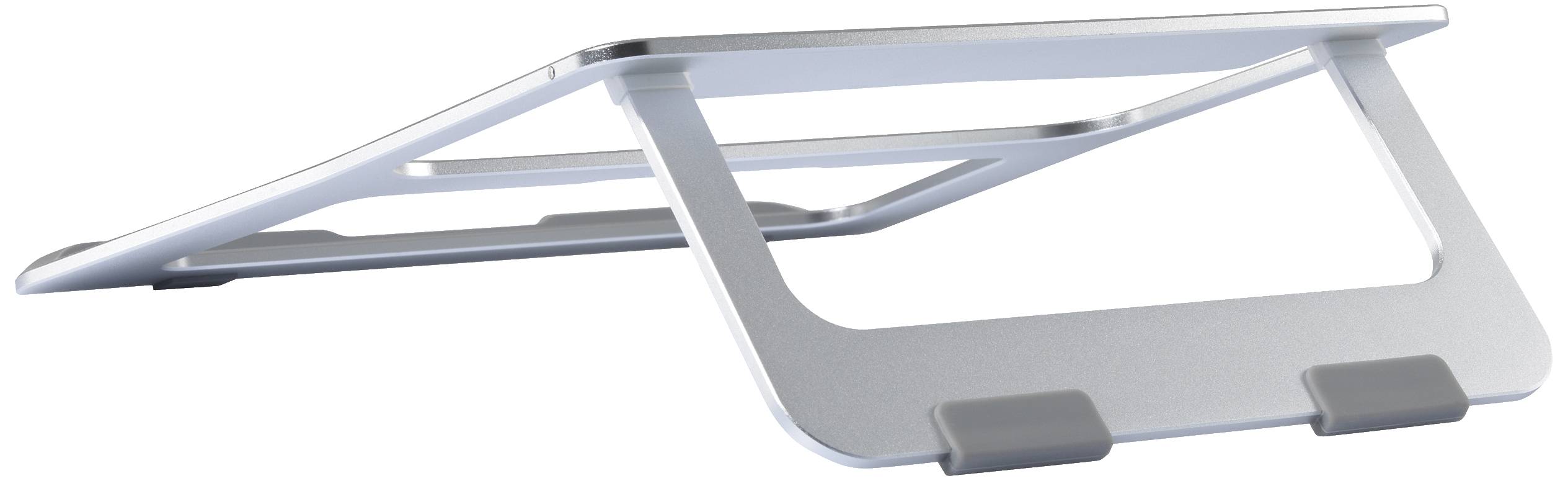 Een zilveren, schuine laptopstandaard met twee bevestigingspunten aan de onderkant, geschikt voor het verhogen en ventileren van een laptop.