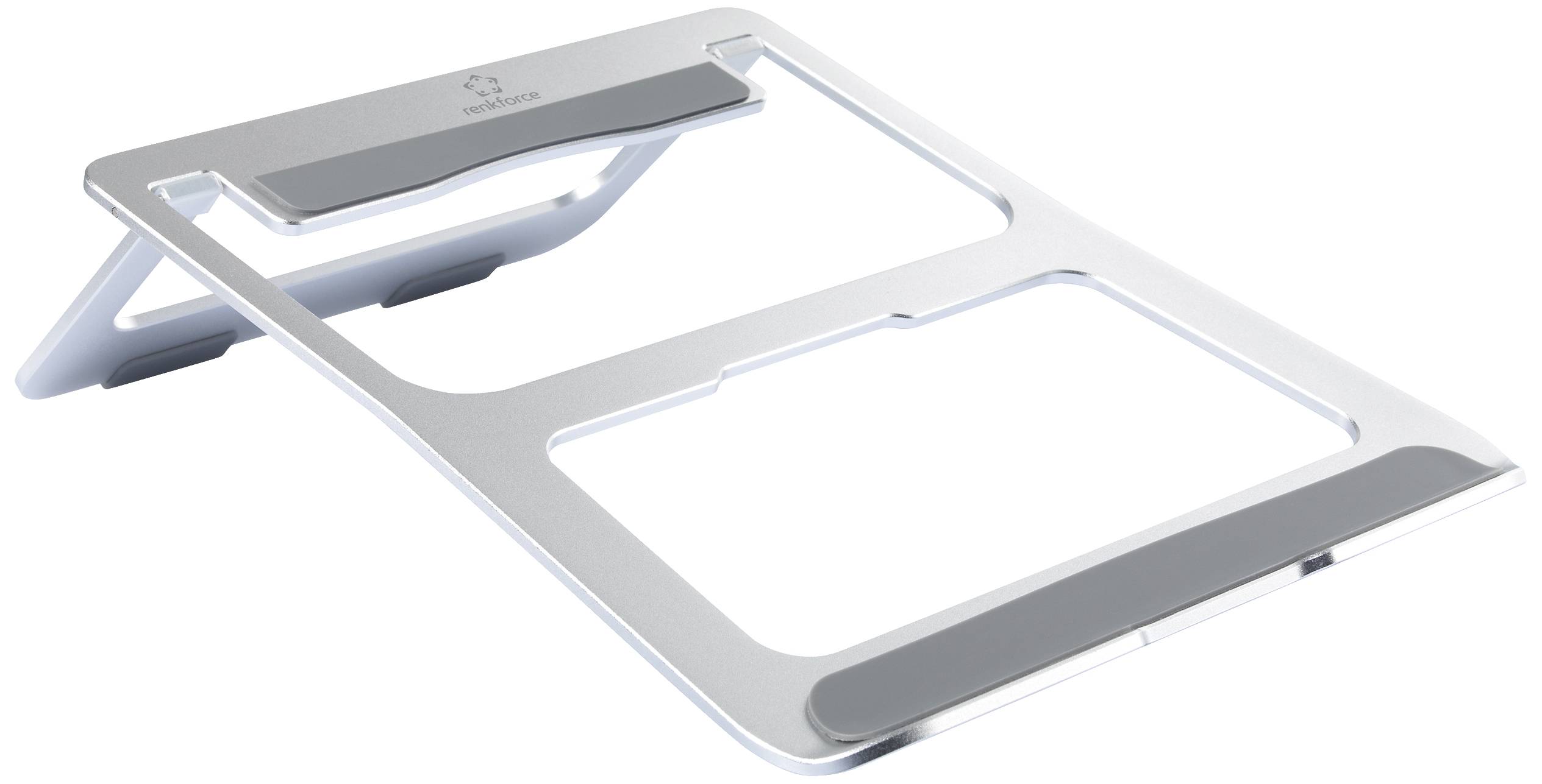 Een zilveren laptopstandaard met verhoogd ontwerp en antislip rubber op de hoeken. Ideaal voor het verbeteren van ventilatie en ergonomie.