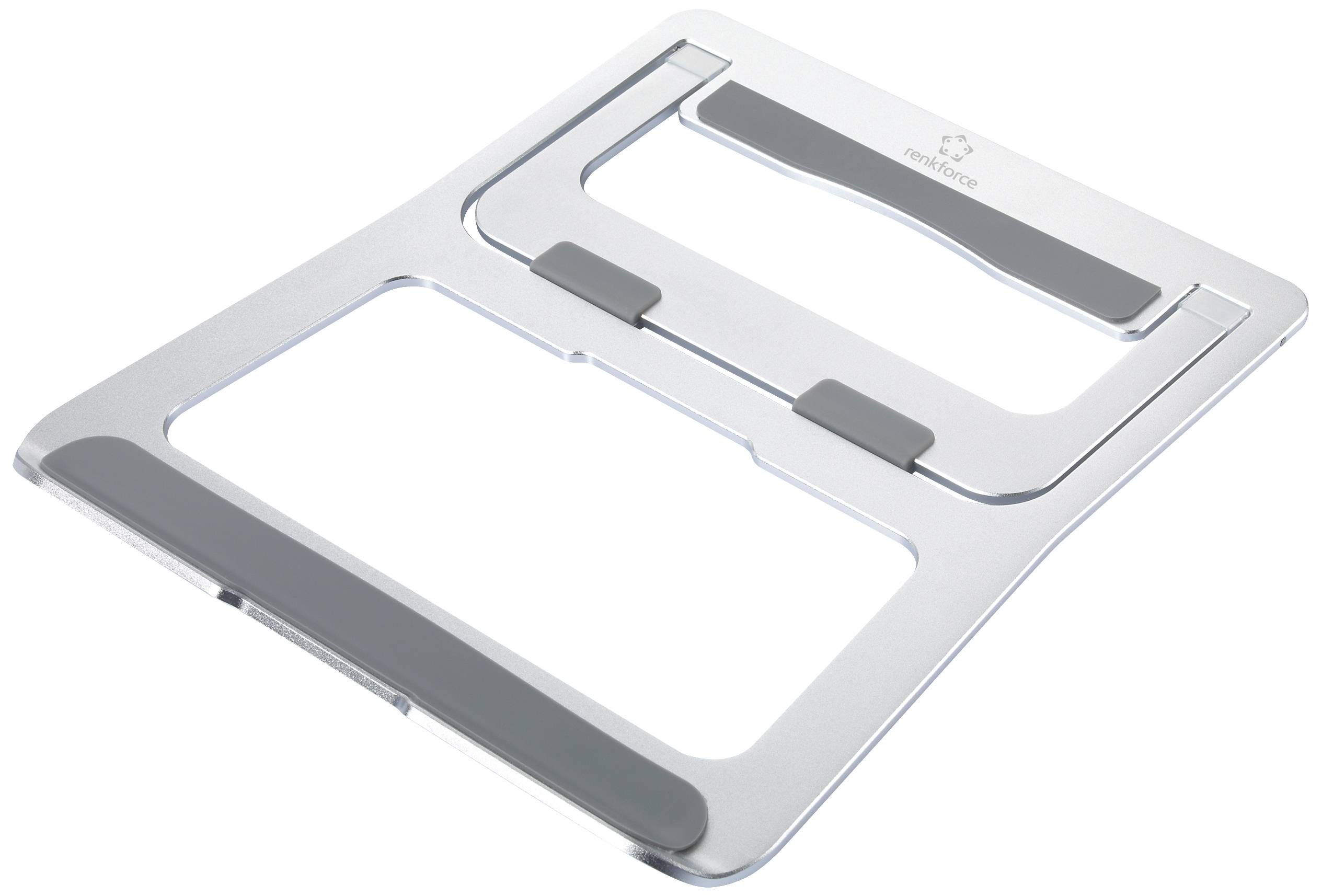 Zilveren laptopstandaard in minimalistisch design met antislip rubberen pads, geschikt voor verhoging en koeling van laptops.
