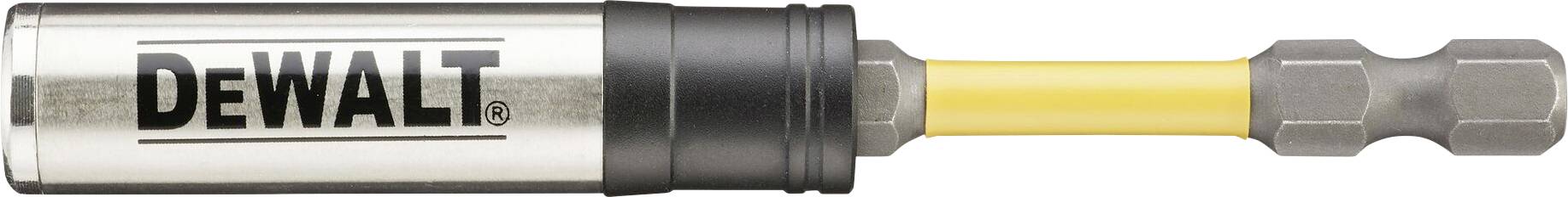 Een DeWALT steeksleuteladapter met gele inzet en metalen behuizing, geschikt voor schroevendraaiers voor het bevestigen van schroeven.