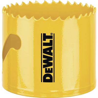 Gele gatenzaag-opzetstuk met getande rand en zwart 'DEWALT'-logo.