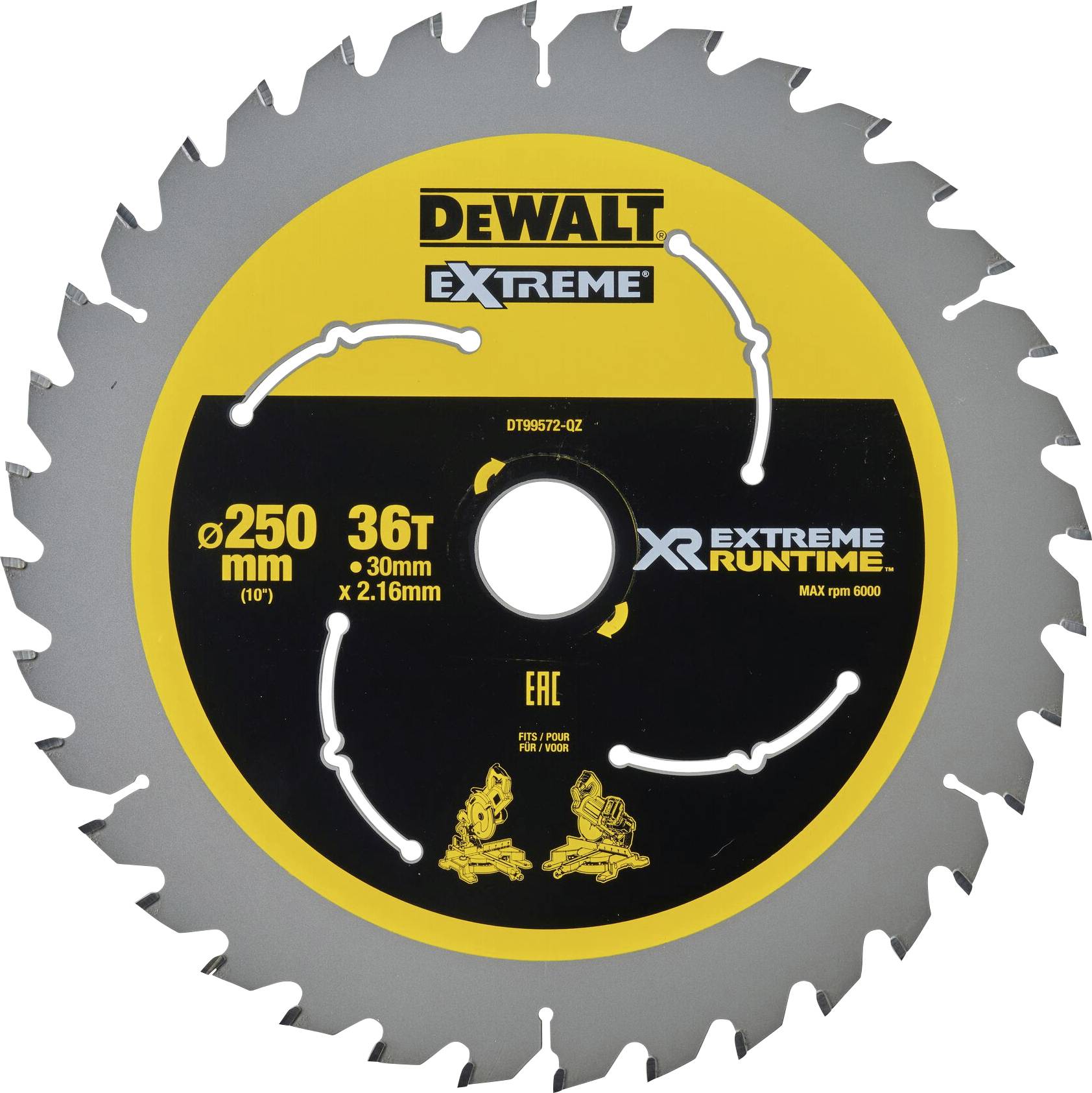 Cirkelzaagblad met 36 tanden, merk 'DEWALT'. Diameter 250 mm, boring 30 mm, voor hout, max. 6000 toeren/min.