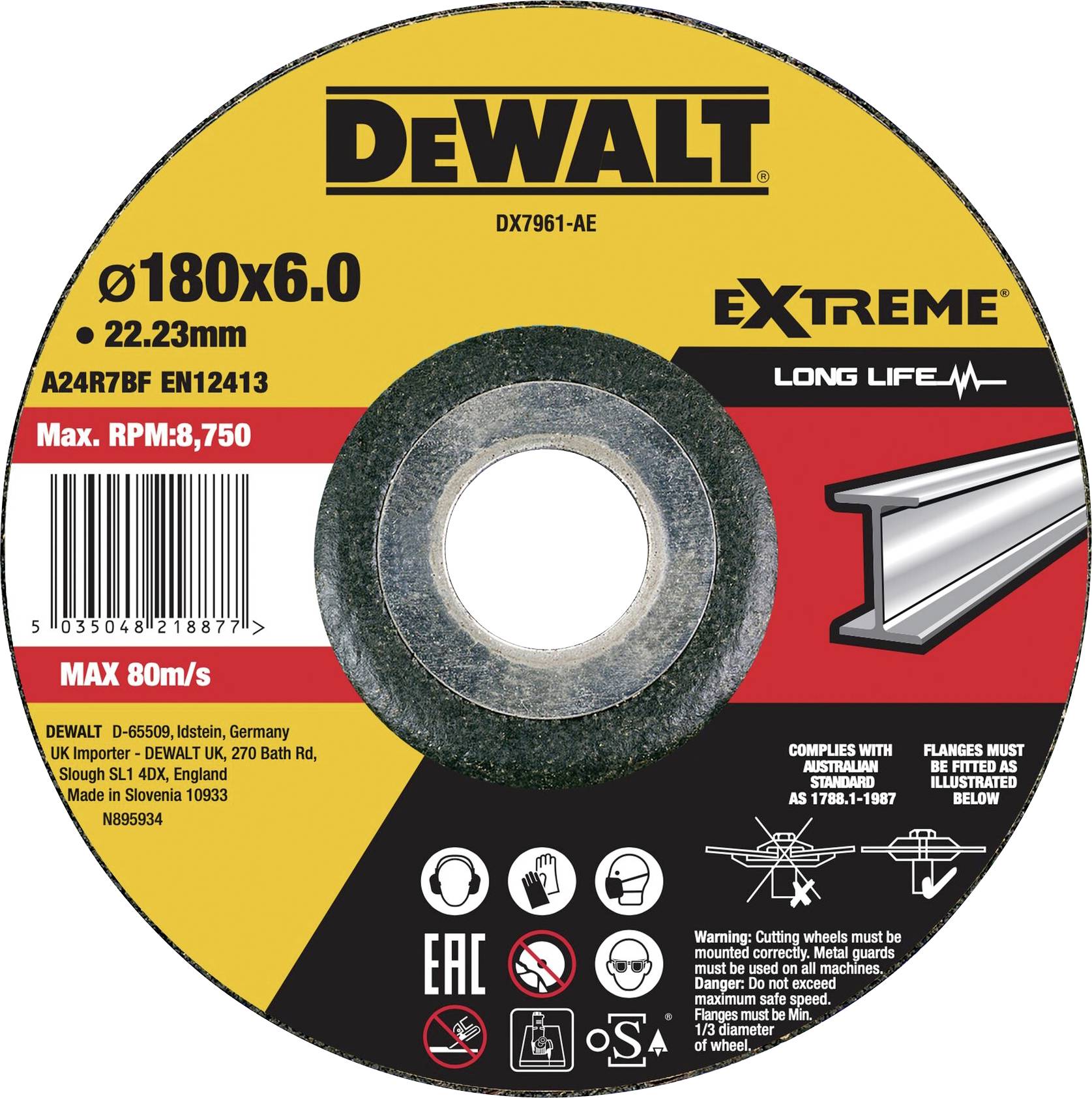 DeWalt doorslijpschijf, Ø180x6.0mm, Max. toerental 8.750, Max. 80m/s, geschikt voor staal en flenzen, Verhoogde slijtagebescherming.