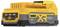 Gele DEWALT 18V Lithium-Ion accu, modelnummer XR PowerStack, met een zwarte en grijze behuizing en opvallende opdruk.