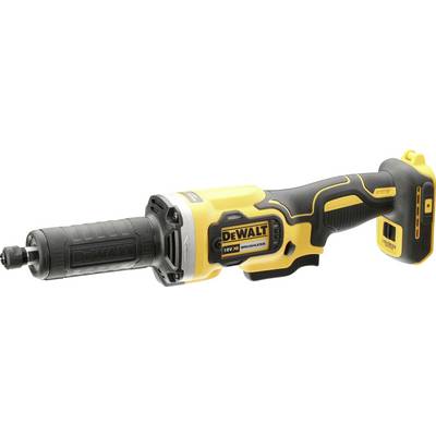 Een gele en zwarte DeWalt haakse slijper met accuvoeding, ergonomische handgreep en zijdelingse bedieningsknop.