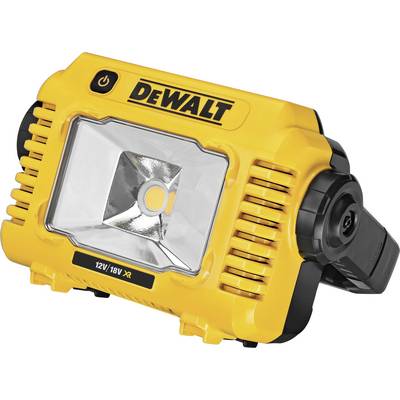 Geel, draagbaar LED-bouwlicht met 'DEWALT'-logo, geschikt voor 12V/18V XR-batterijen.