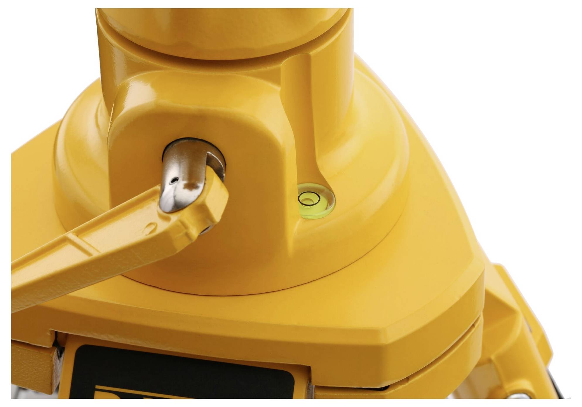 Close-up van een gele machinehendel met een geïntegreerde waterpas-blister voor het nivelleren.