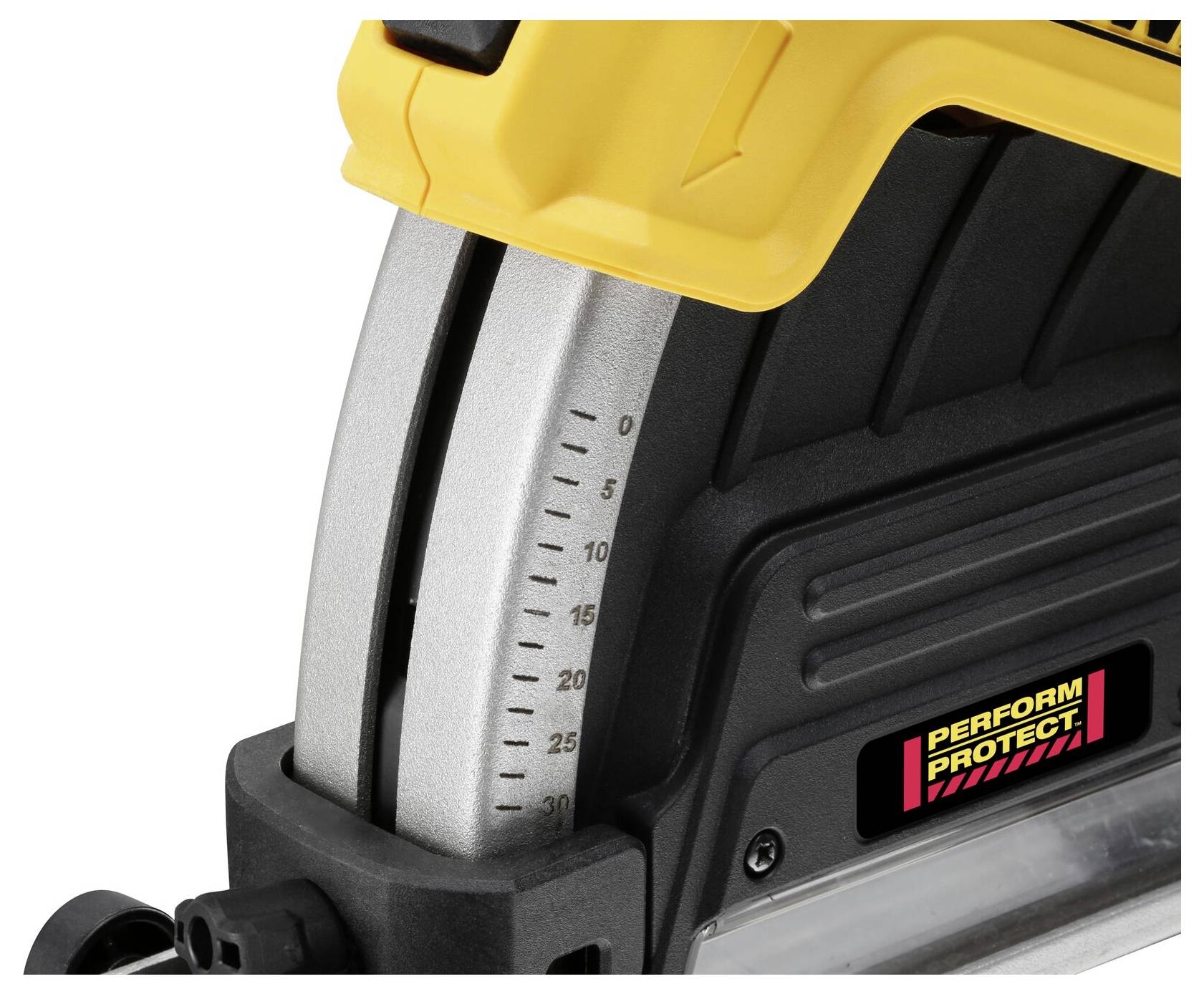 Close-up van een geel elektrisch gereedschap met een schaal aan de zijkant voor diepte-instelling en het label 'PERFORM PROTECT'.