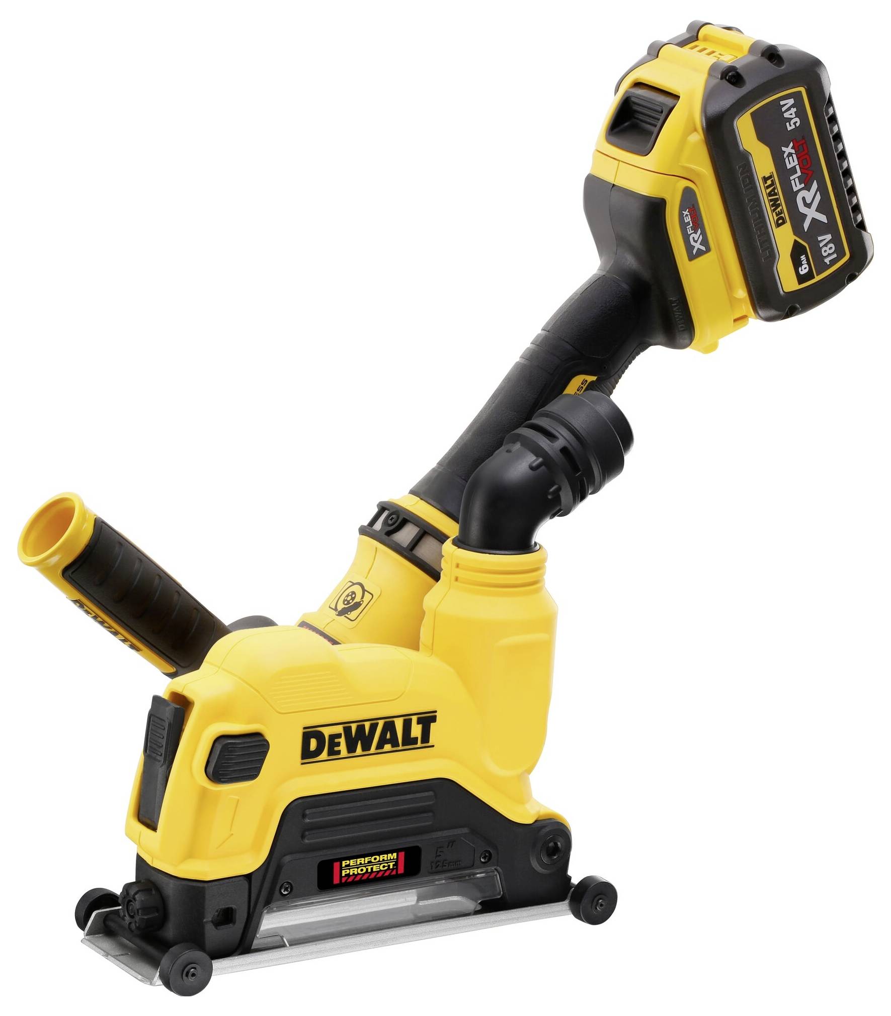 Een gele, snoerloze DeWalt-haakse slijper met accu. Belangrijkste kenmerken zijn de ergonomische handgreep en compacte bouwwijze.
