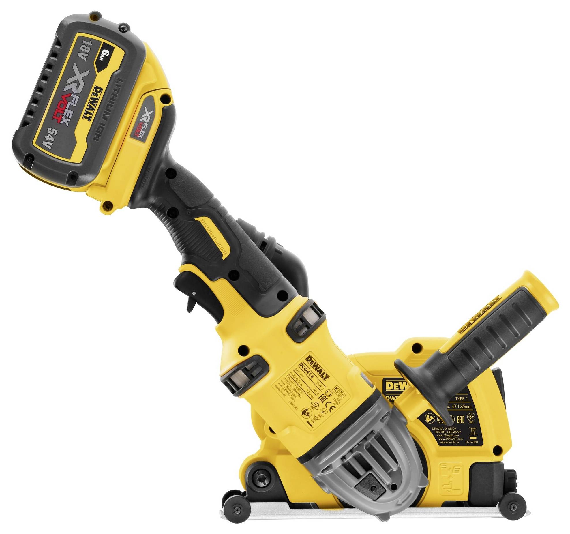 Geel accugereedschap met handgreep en 18V batterij, geschikt voor bouw- of renovatiewerkzaamheden. Merknaam en modelnummer zichtbaar.