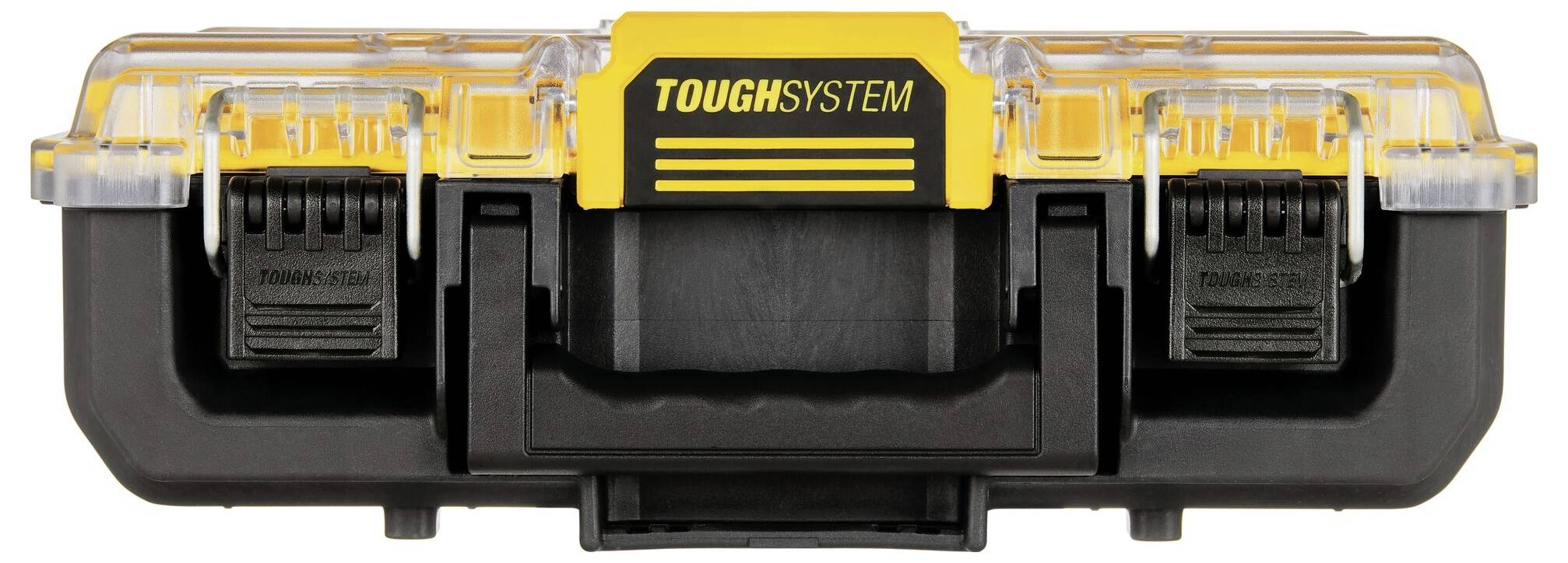 Draagbare gereedschapskist met klapmechanisme, zwart-geel, 'TOUGHSYSTEM' op het gele etiket. Transparante deksel.