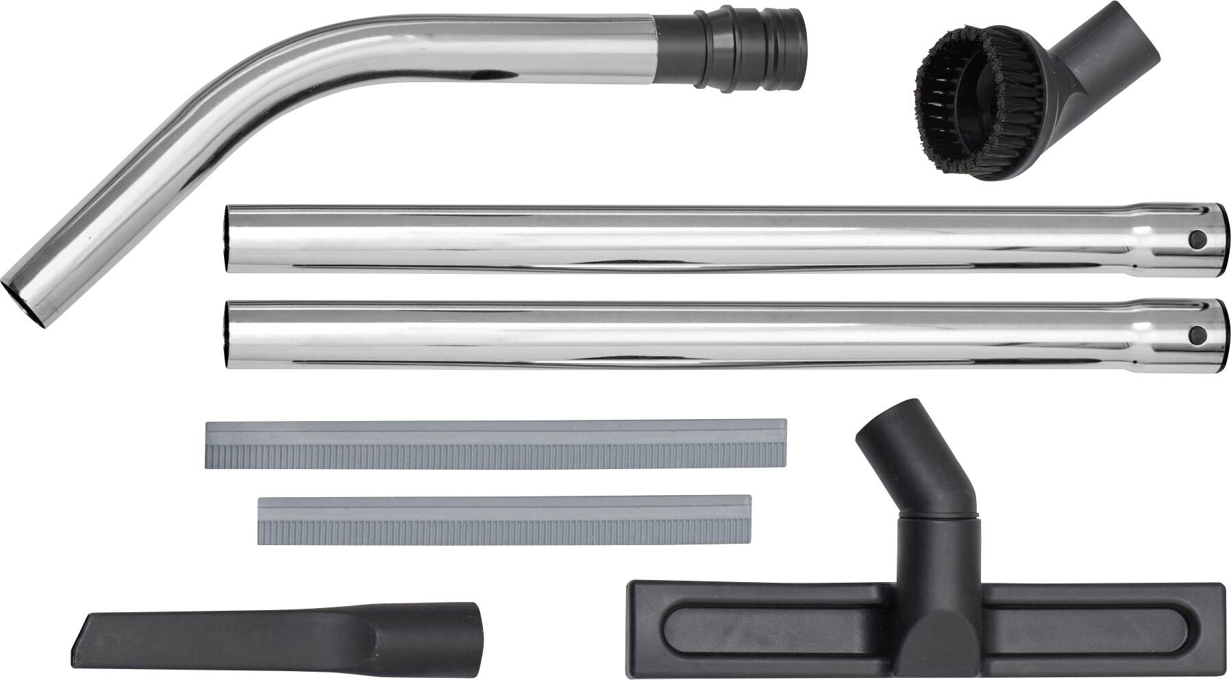Een stofzuiger accessoire-set, bestaande uit twee metalen buizen, een gebogen mondstuk, een borstelkop, een spleetmond, een vloerborstel en twee platte afdichtingen.