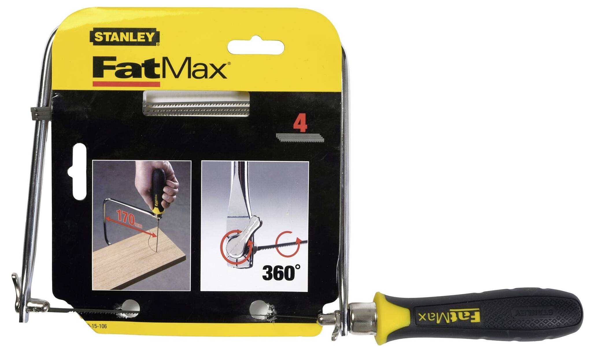 Een Stanley FatMax decoupeerzaagblad met 360-graden draaiing. Verpakking toont zaagblad en toepassing op hout.