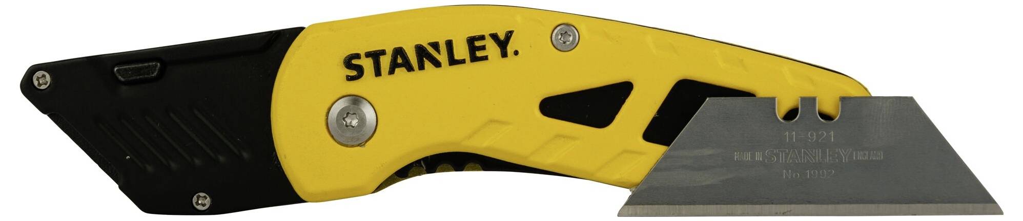 Geel universeel mes met zwarte handgreep en verwisselbaar lemmet, waarop de naam 'Stanley' staat.