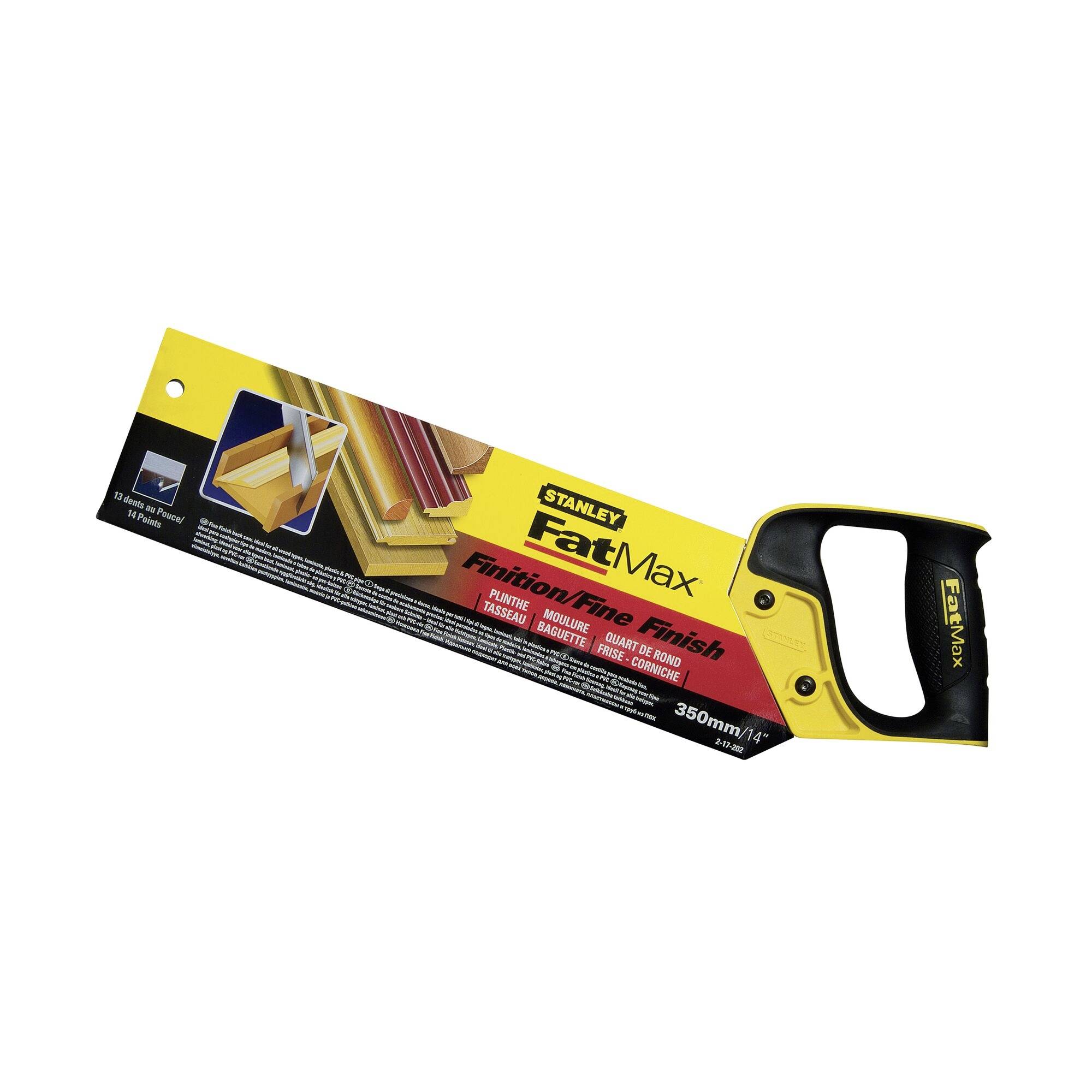 Een 350 mm Stanley FatMax handzaag met geel-zwarte handgreep. Op het zaagblad zijn illustraties van zaagprojecten te zien.