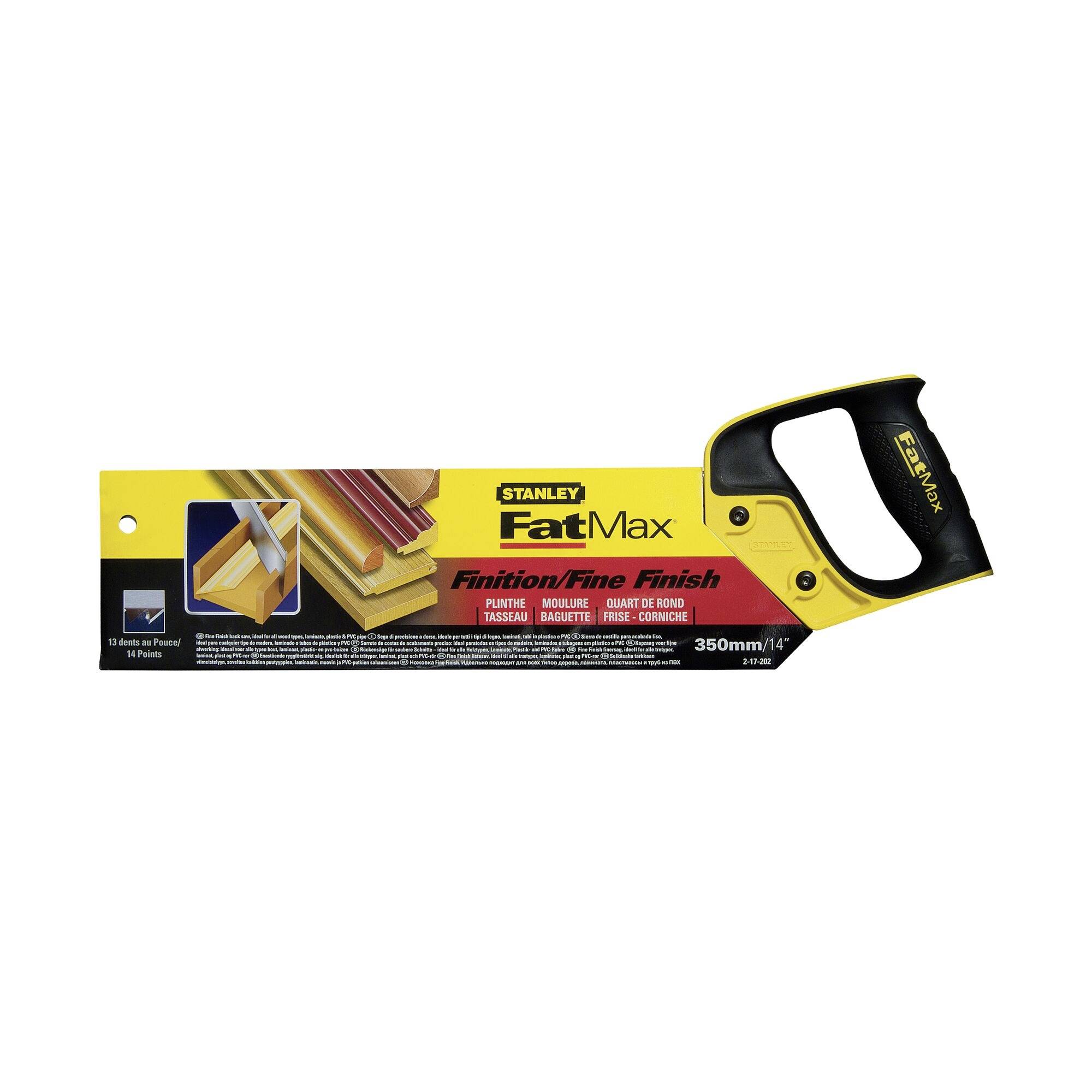 'Zaag Stanley FatMax, Fine Finish, 380 mm, voor precisie houtsnijden. Ergonomische handgreep in zwart en geel.'